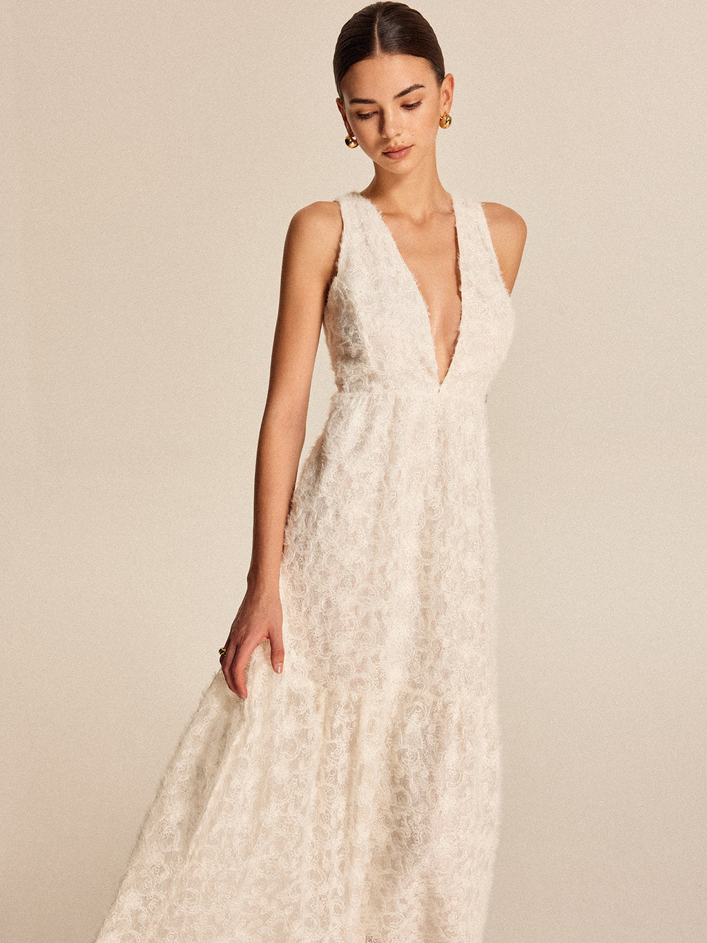 Şık Boho Derin V-Yaka Dantel Abiye Elbise