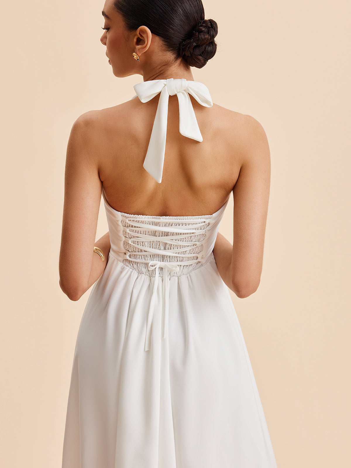 Şık Halter Sırt Dekolteli Kolsuz Abiye Elbise Fermuar Detayı ile