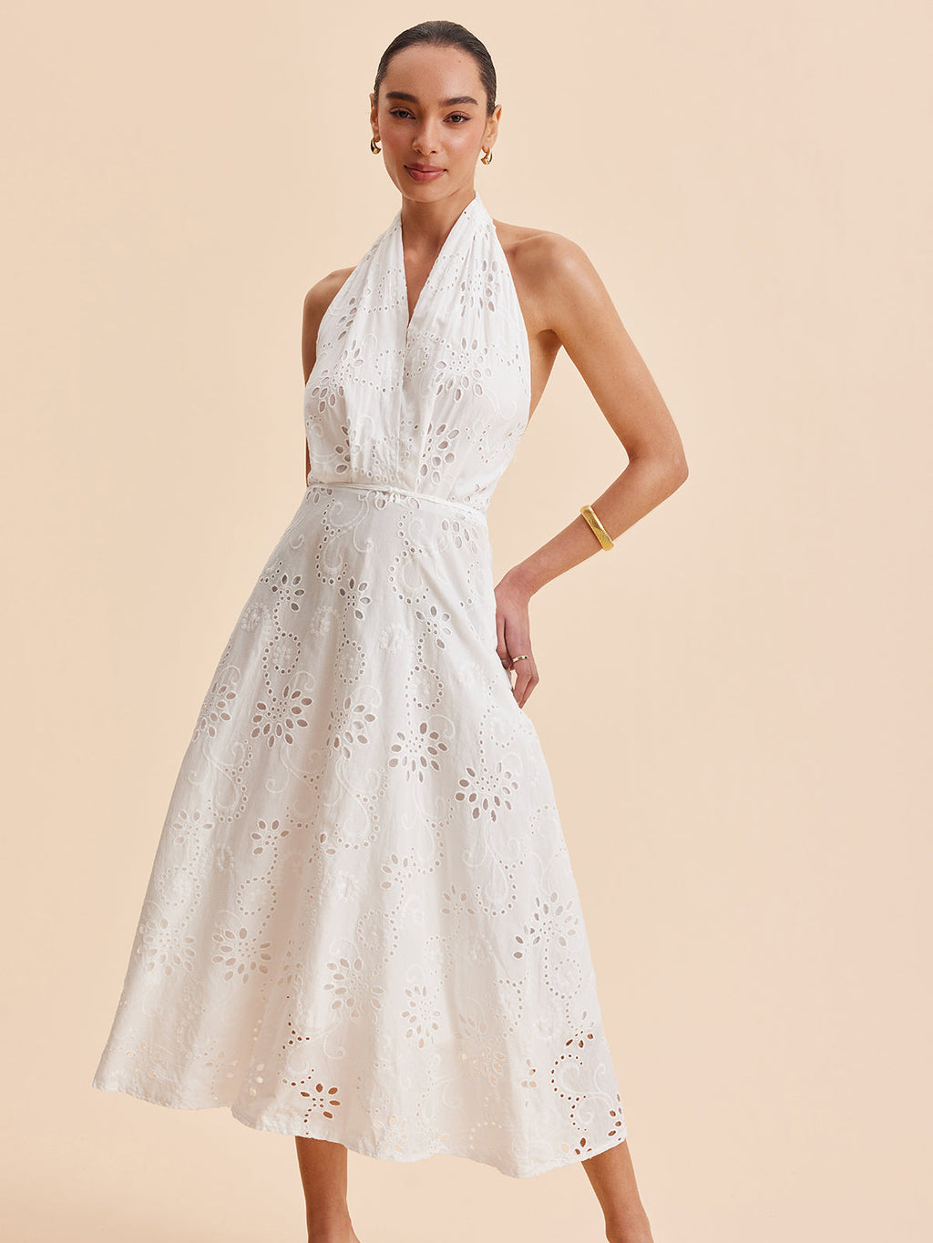 Şık Halter Yaka Göz Detaylı Kemerli Abiye Midi Elbise