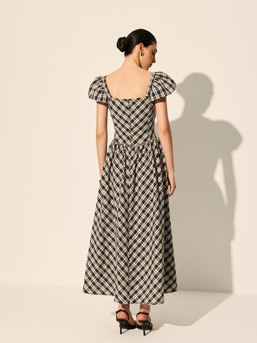 Şık Kareli Kabarık Kol Abiye Elbise