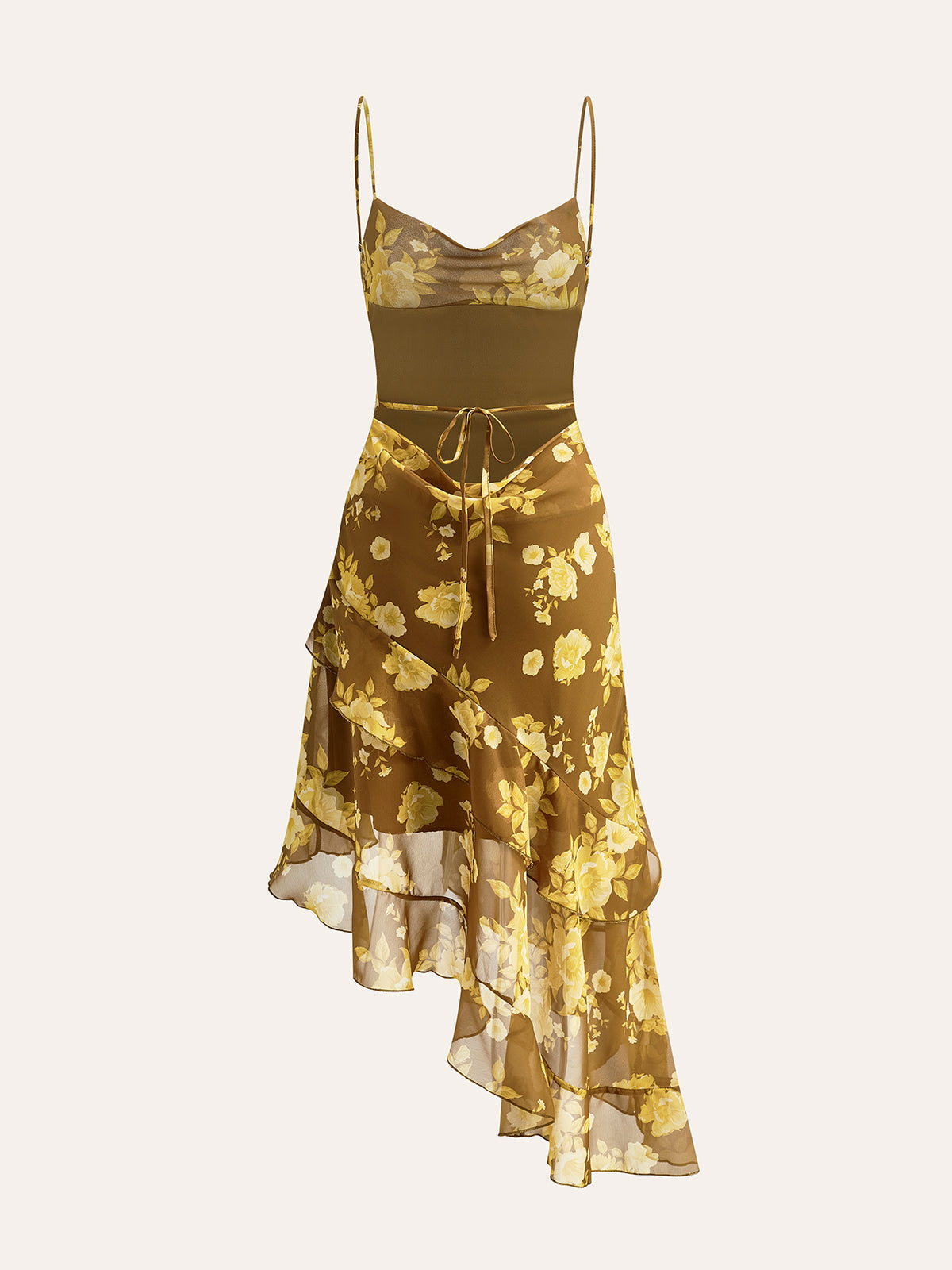 Çekici Çiçek Desenli Volanlı Etek Arkadan Bağlamalı Askılı Elbise