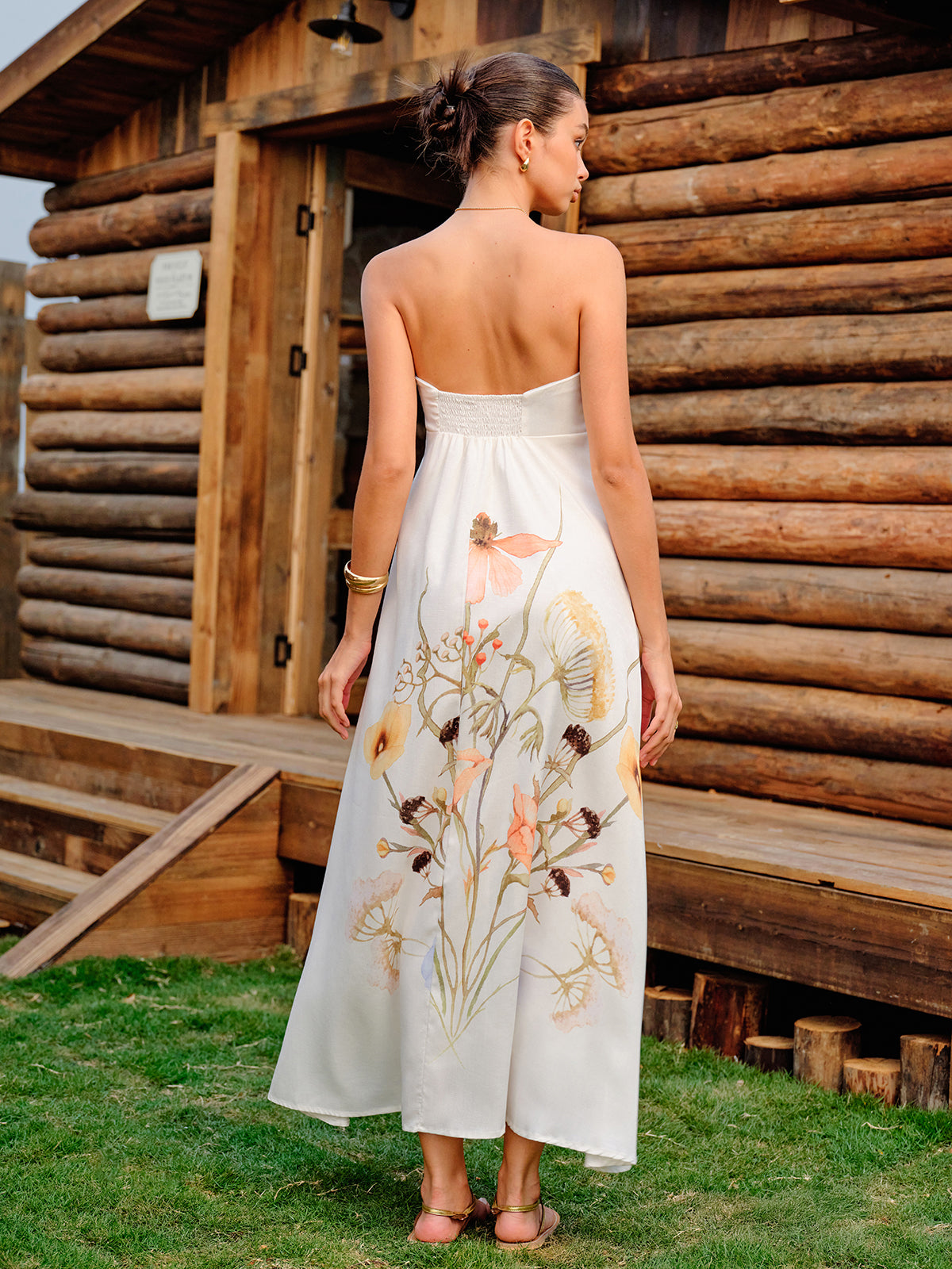 Şık Çiçek Desenli Askısız Uzun Elbise