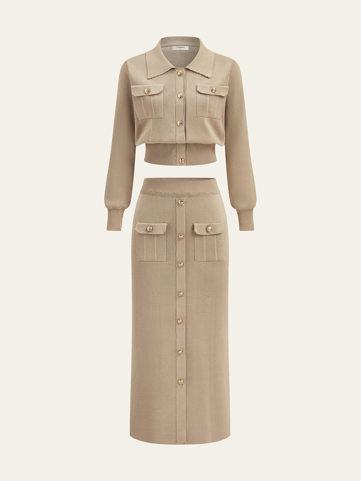 Metalik Düğme Detaylı Hırka ve Midi Boy Etek Takımı