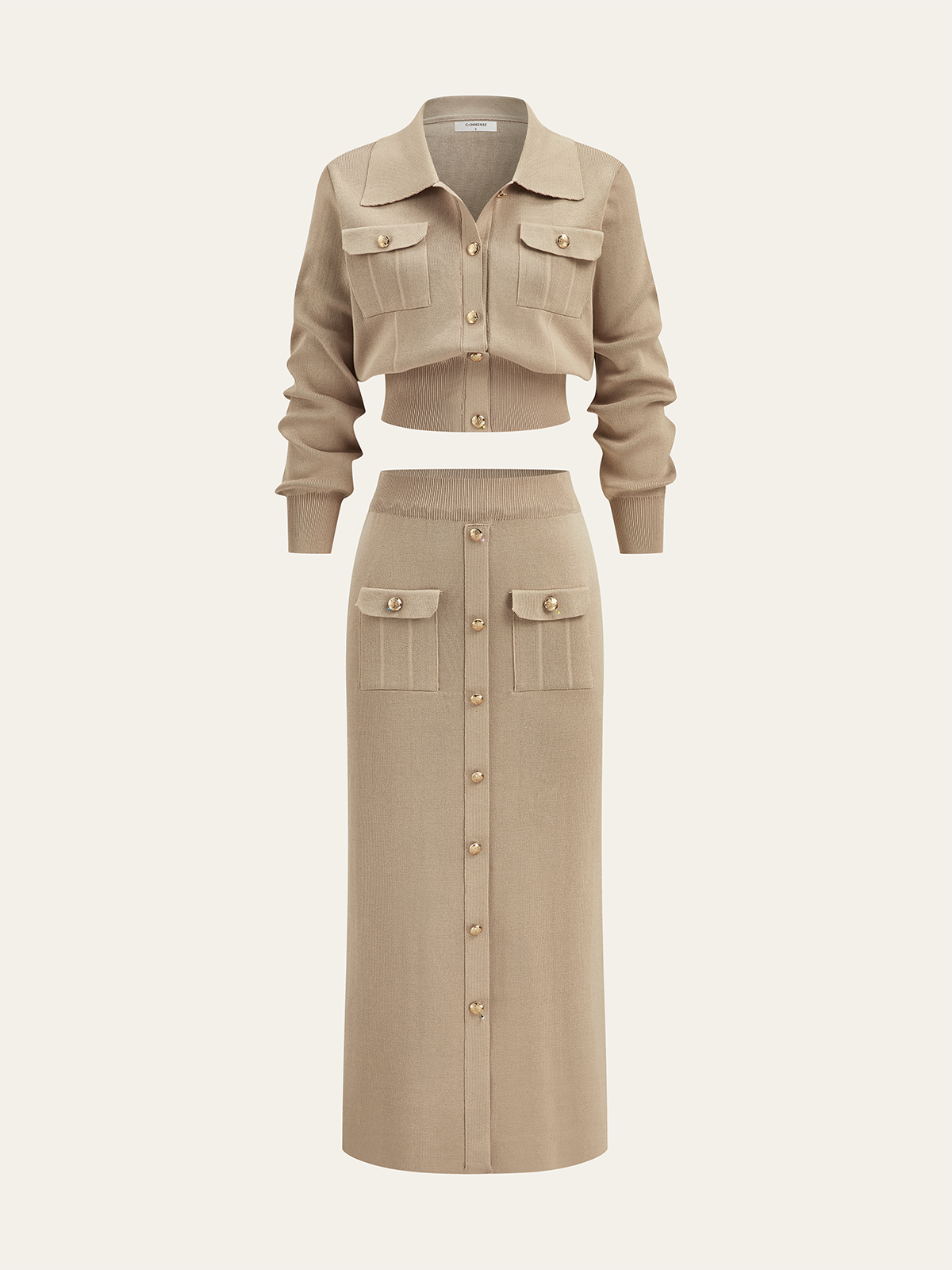 Metalik Düğme Detaylı Hırka ve Midi Boy Etek Takımı