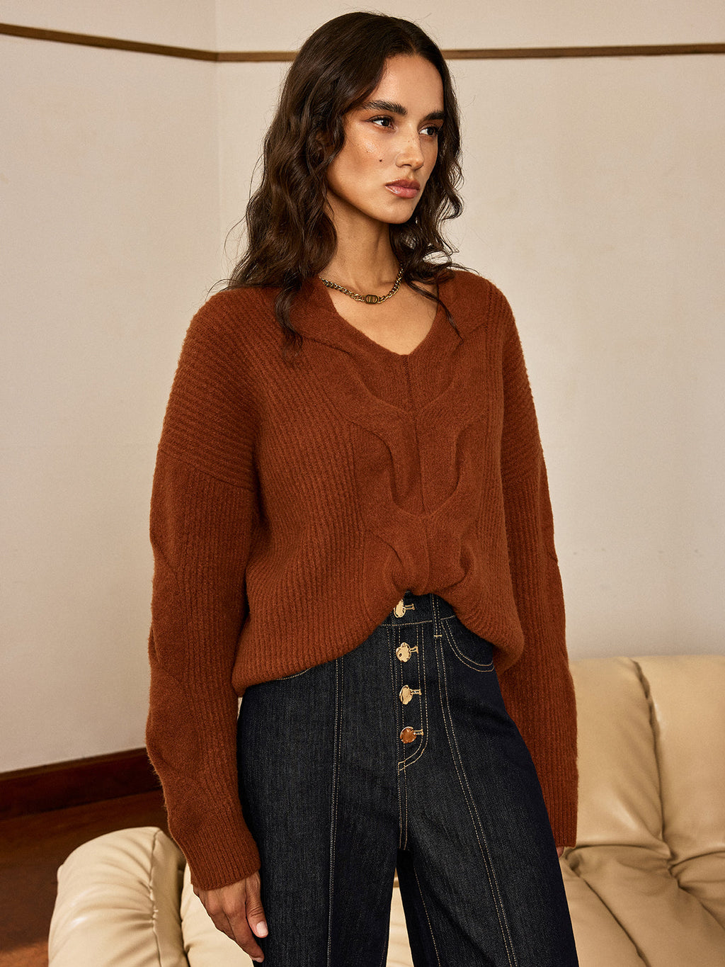 Yün Karışımlı Tekstürlü V Yaka Triko