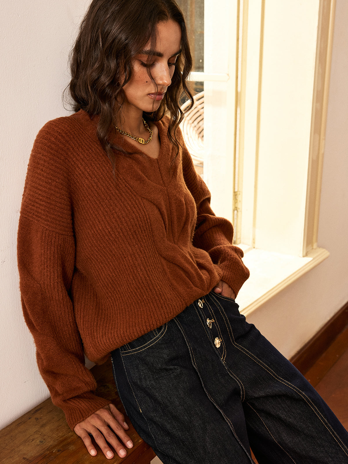 Yün Karışımlı Tekstürlü V Yaka Triko