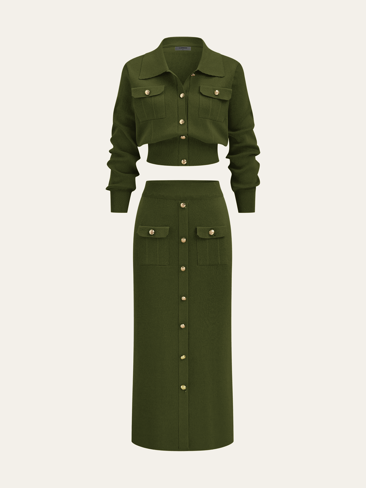 Metalik Düğme Detaylı Hırka ve Midi Boy Etek Takımı