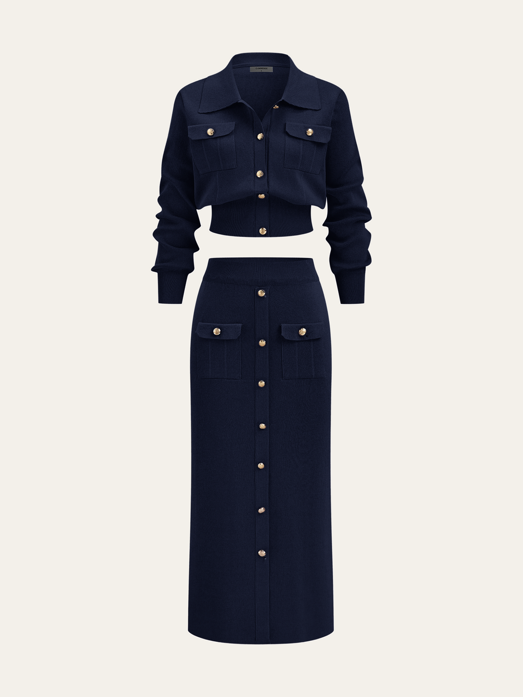 Metalik Düğme Detaylı Hırka ve Midi Boy Etek Takımı