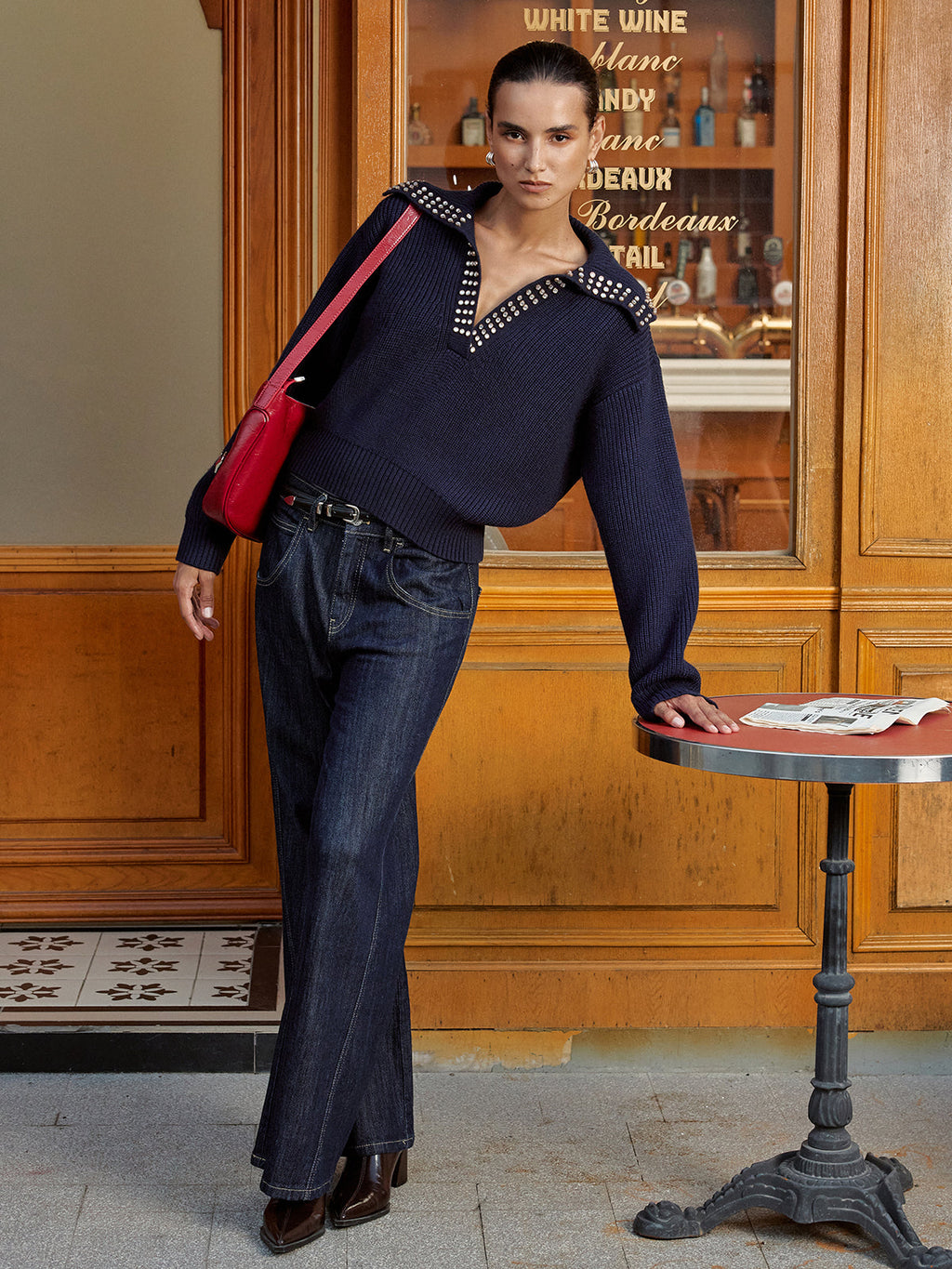 Zımba Süslemeli Yakalı Yün Karışımlı V Yaka Triko