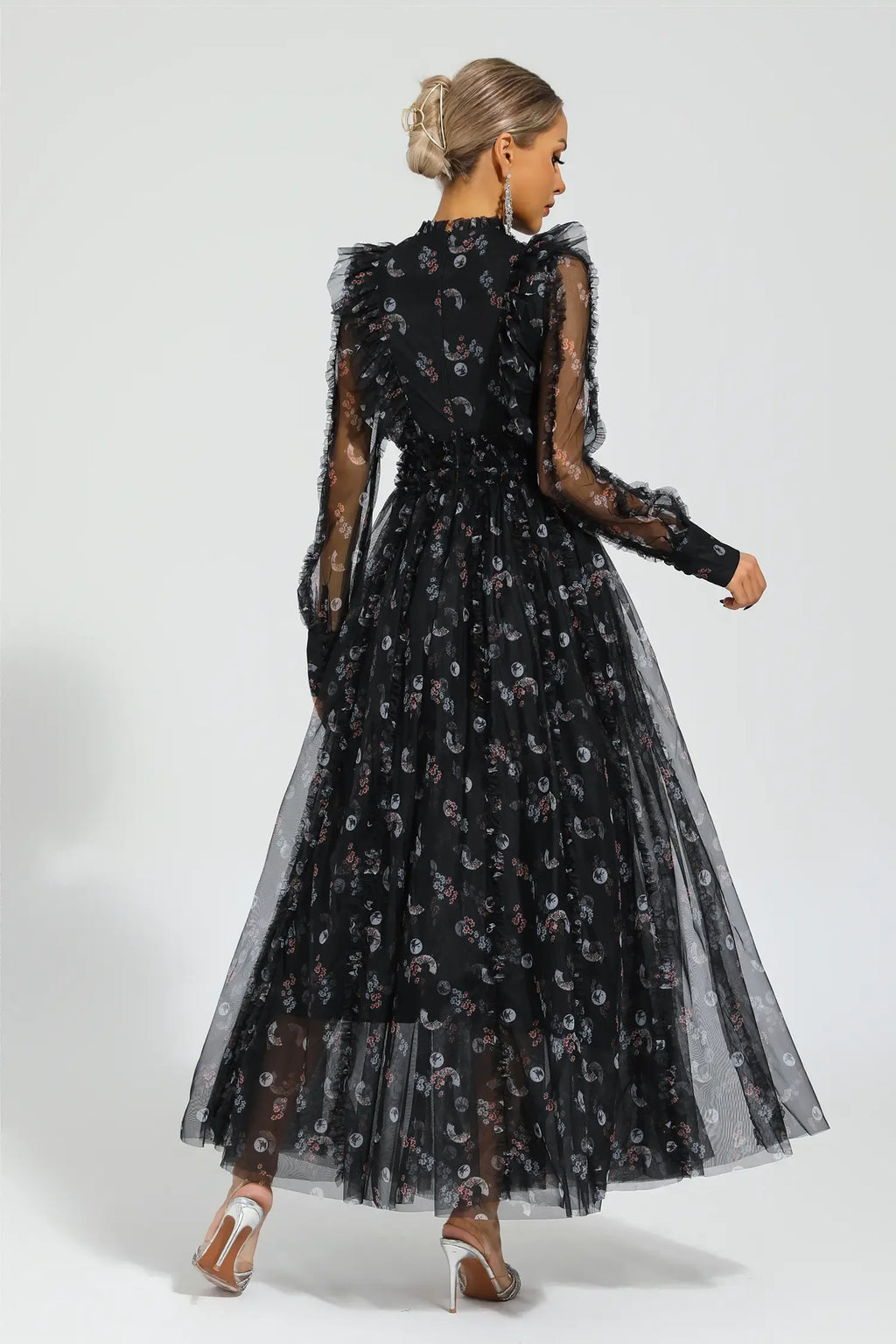 Siyah Çiçek Desenli Uzun Kollu Maxi Elbise