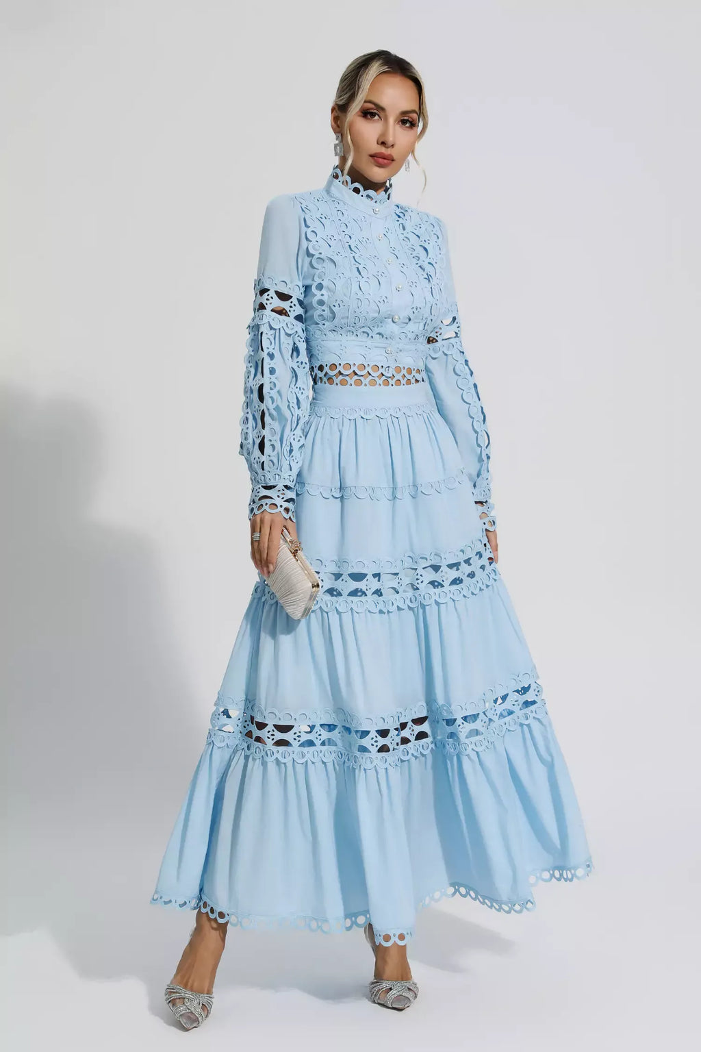 Julieta Mavi Uzun Kollu Uzun Elbise