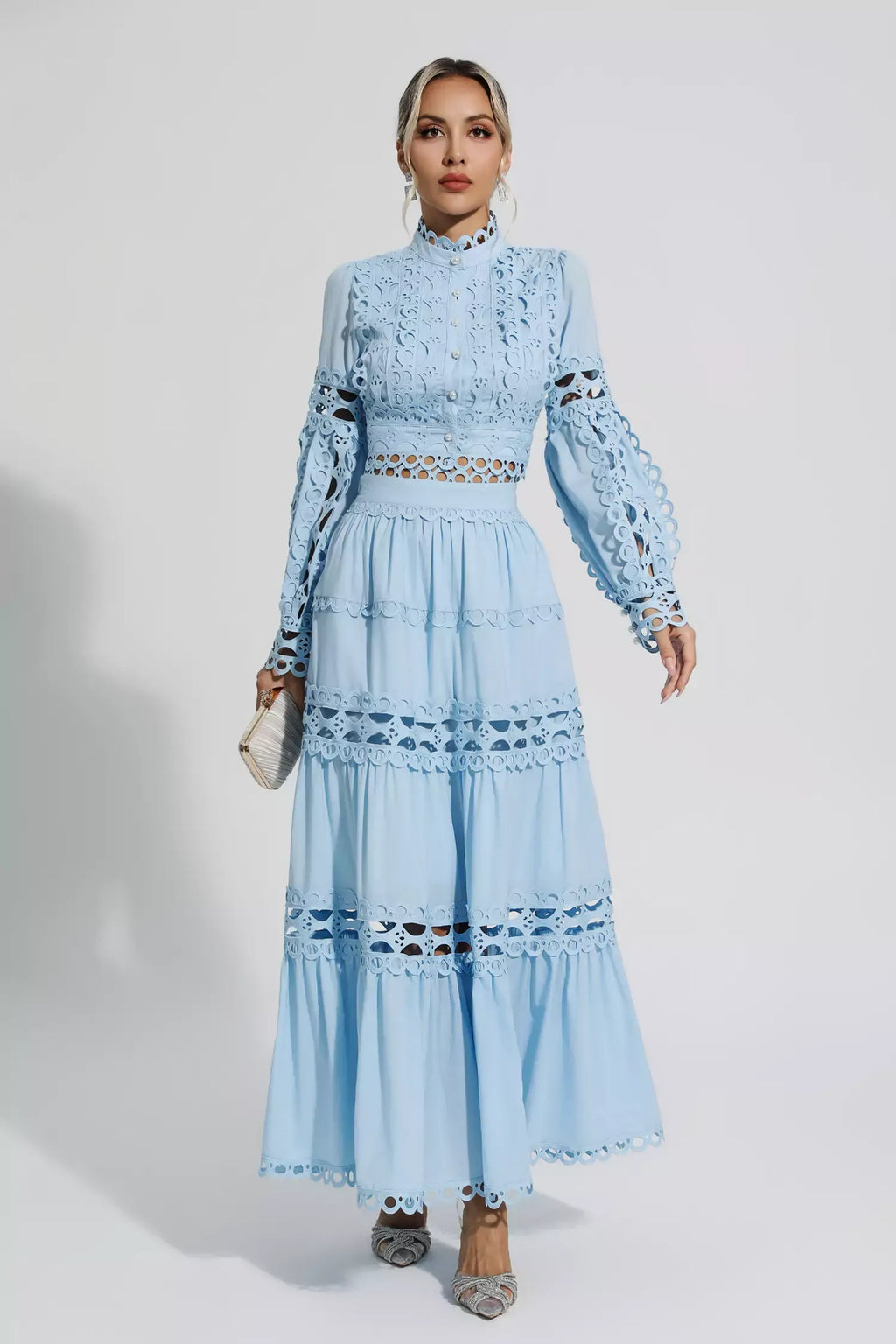 Julieta Mavi Uzun Kollu Uzun Elbise