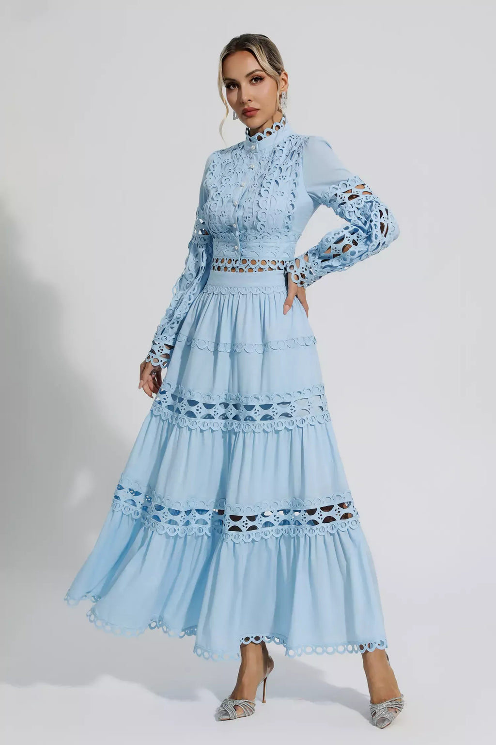 Julieta Mavi Kesik Uzun Kollu Maksi Elbise