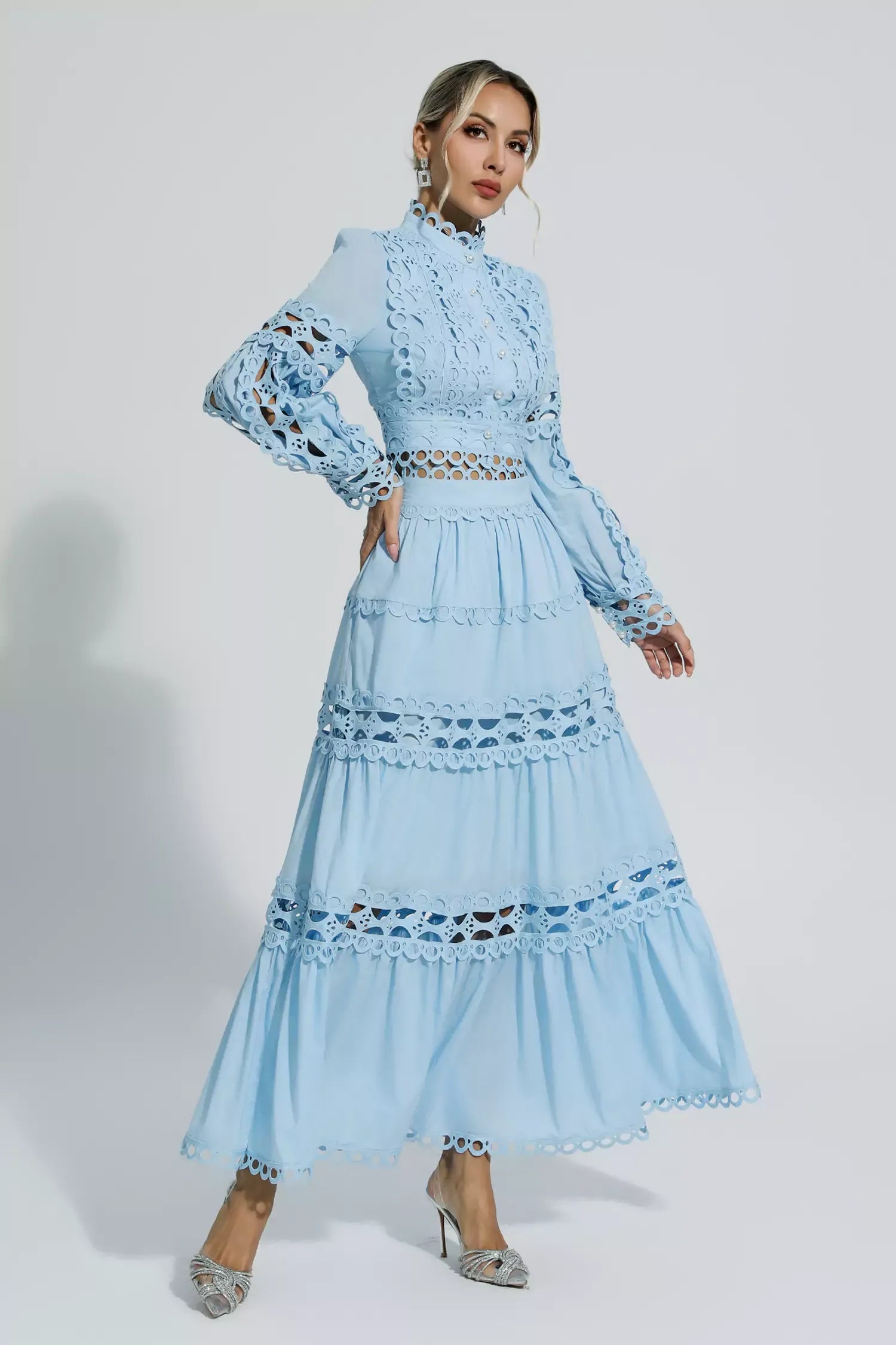 Julieta Mavi Kesik Uzun Kollu Maksi Elbise