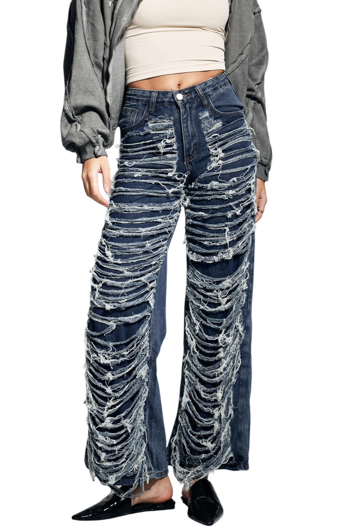 Yırtık Püskül Detaylı Mavi Jean