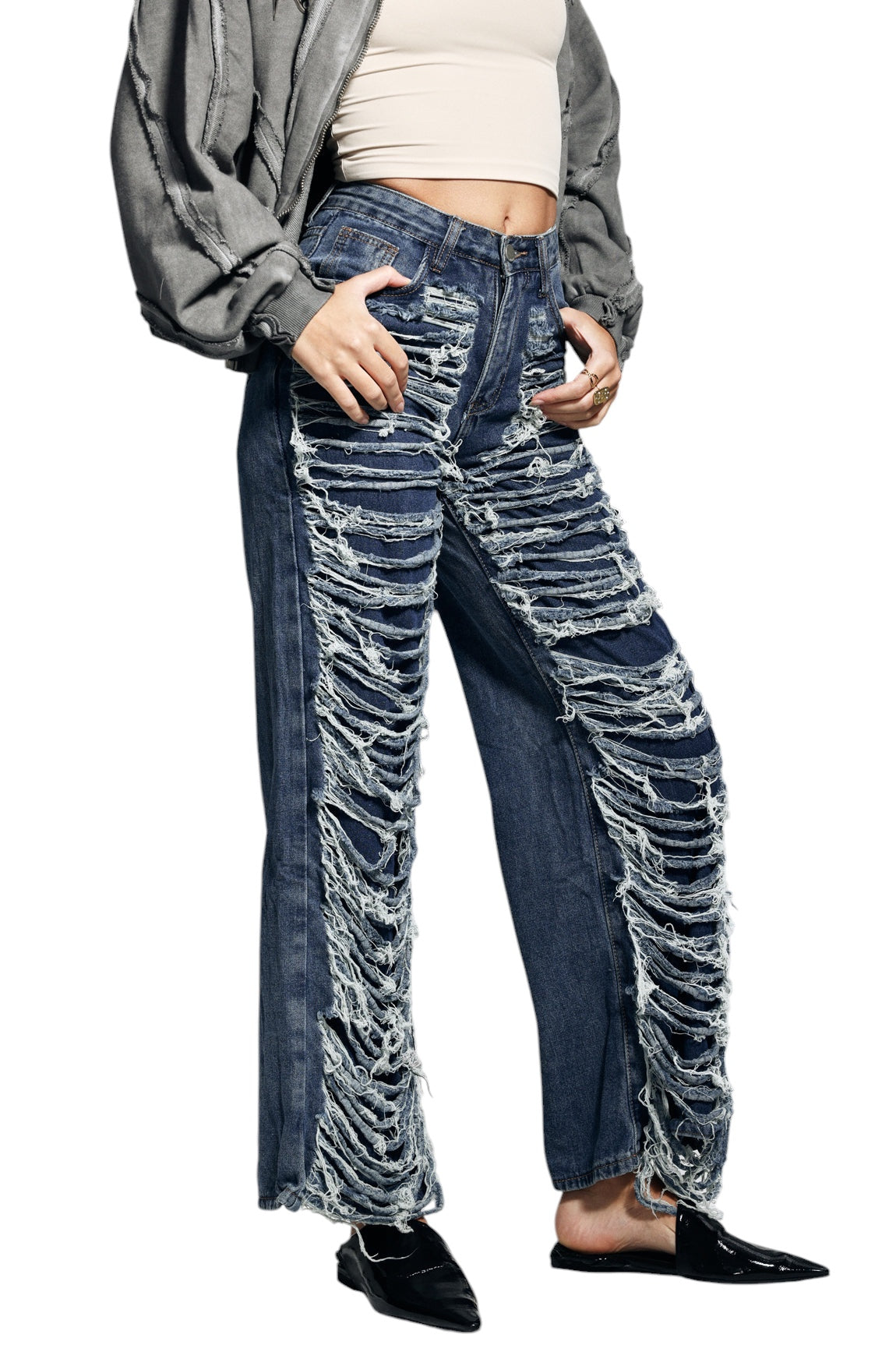 Yırtık Püskül Detaylı Mavi Jean