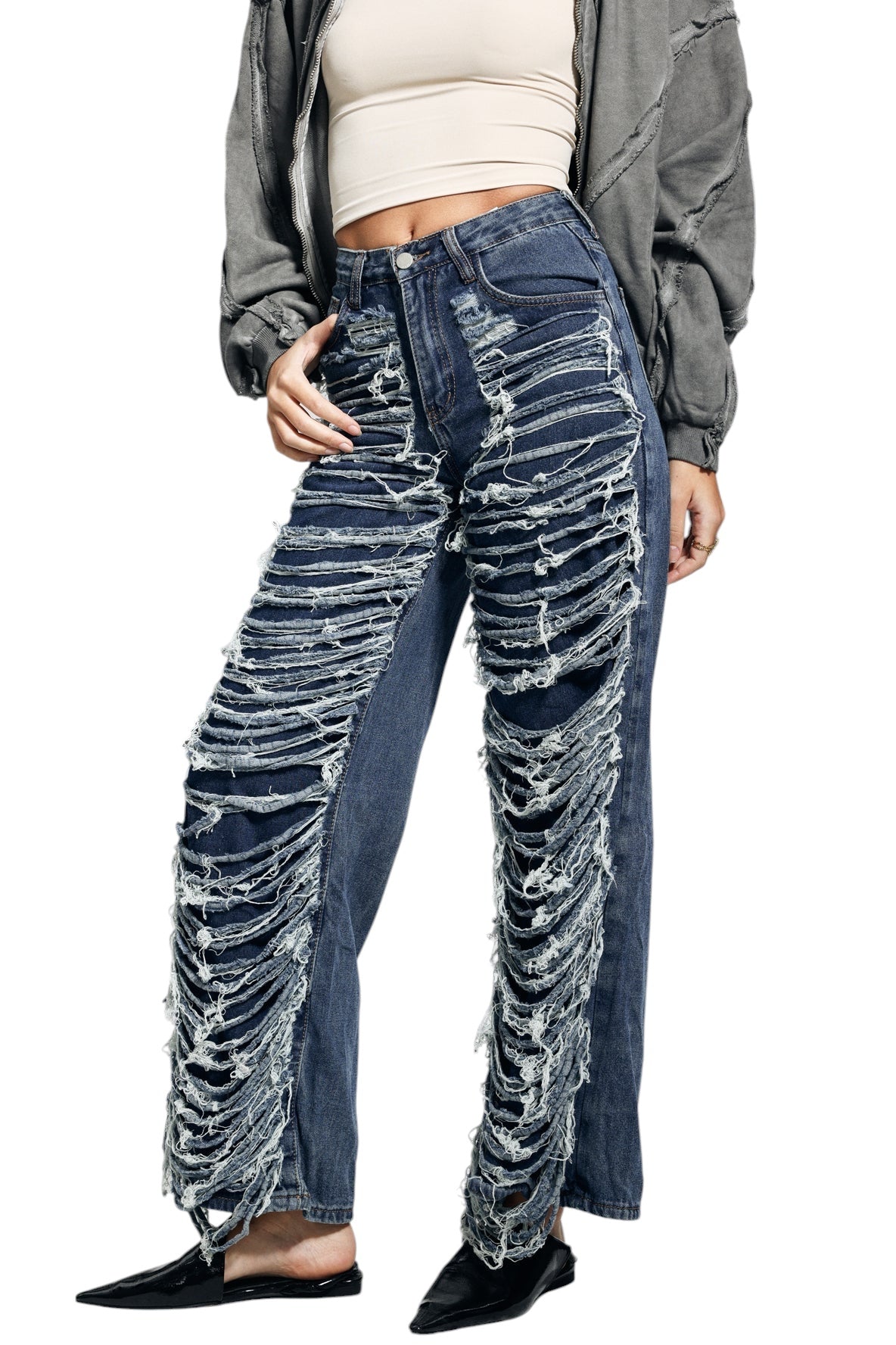 Yırtık Püskül Detaylı Mavi Jean