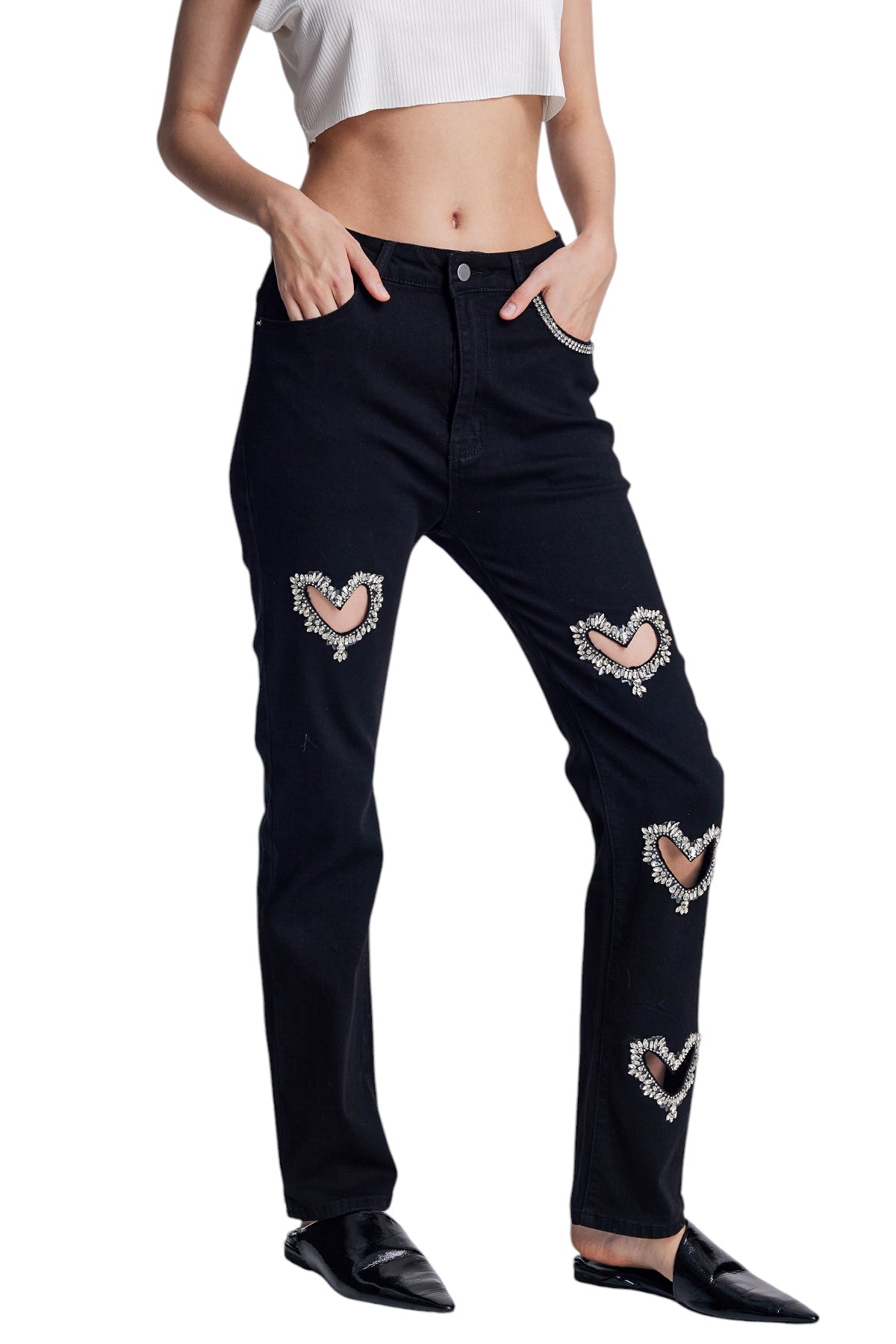 Taş İşlemeli Kesik Detaylı Jean