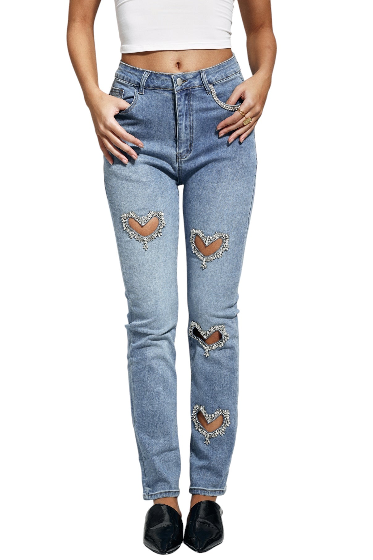 Taş İşlemeli Kesik Detaylı Jean