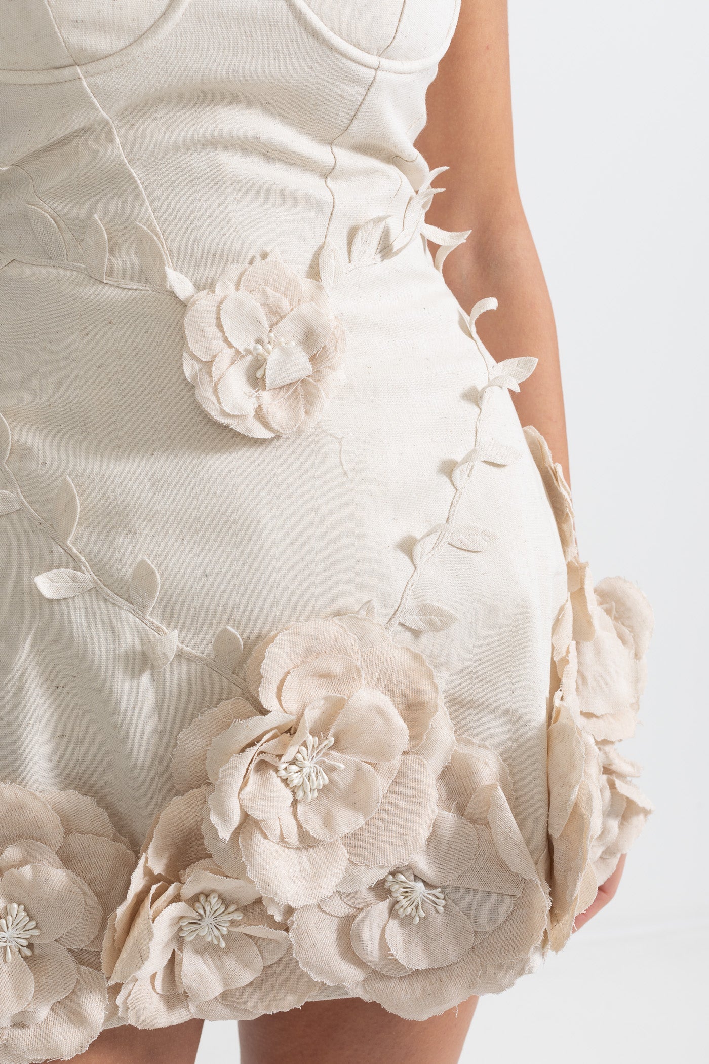 3D Çiçek Aplikeli Büstiyer Elbise - Ivoire