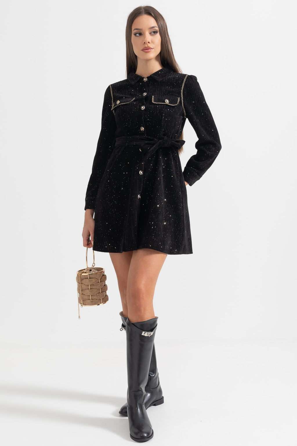 Siyah Uzun Kollu Zarif Ribana Elbise