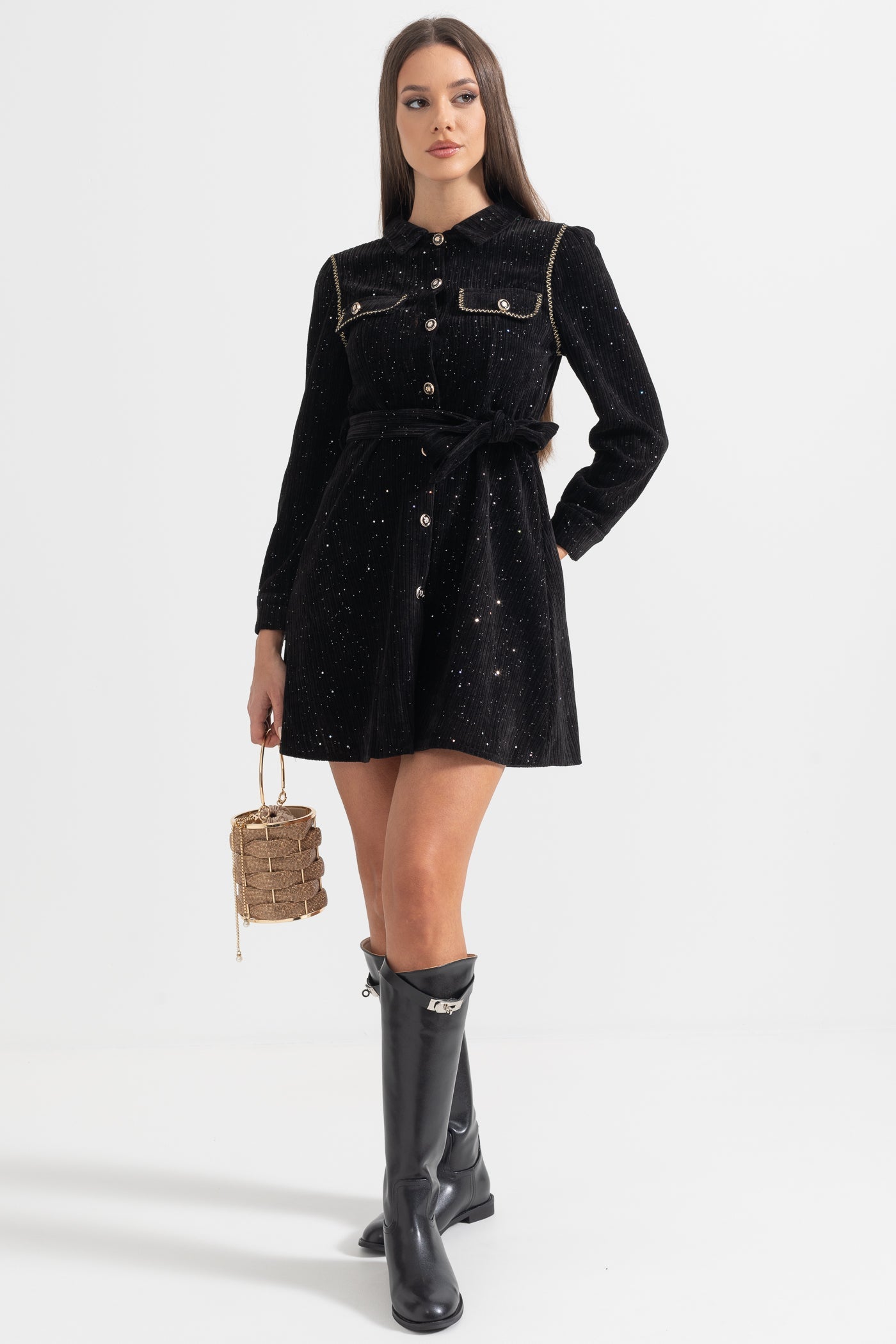 Siyah Uzun Kollu Zarif Ribana Elbise