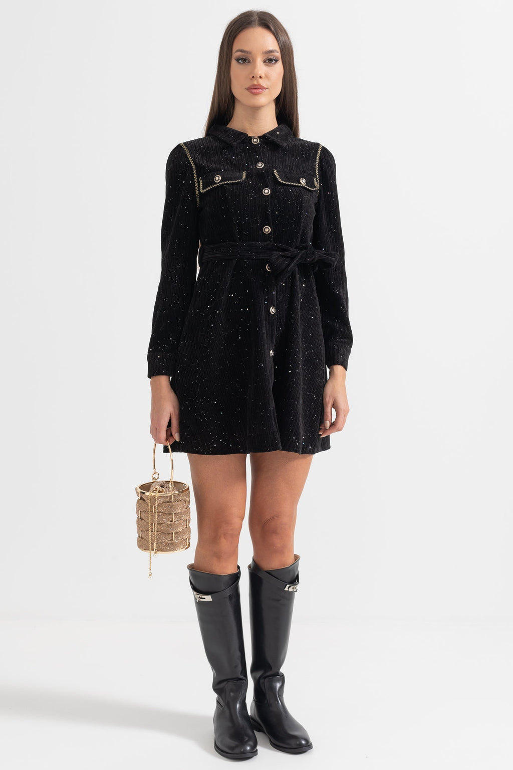 Siyah Uzun Kollu Zarif Ribana Elbise