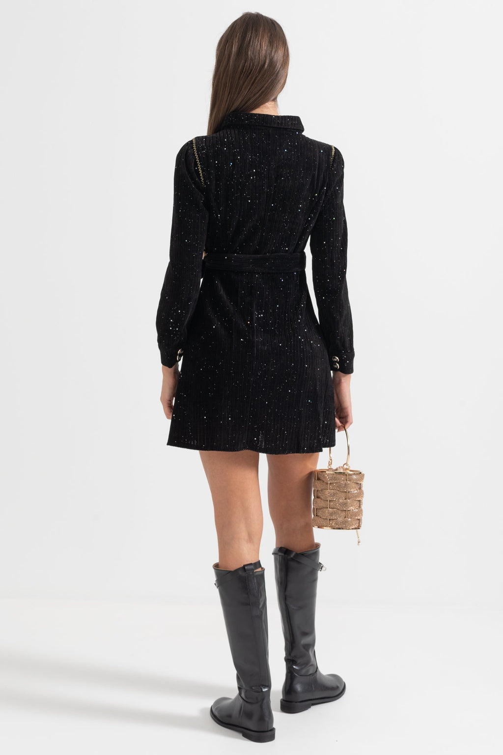 Siyah Uzun Kollu Zarif Ribana Elbise