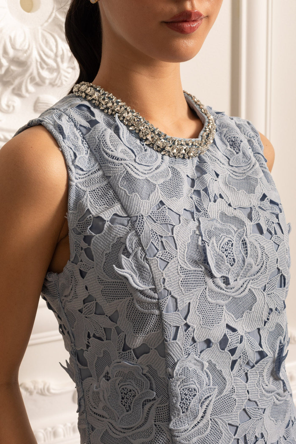 Işıltılı Yakalı Çiçek Desenli Dantel Mini Elbise - Mavi