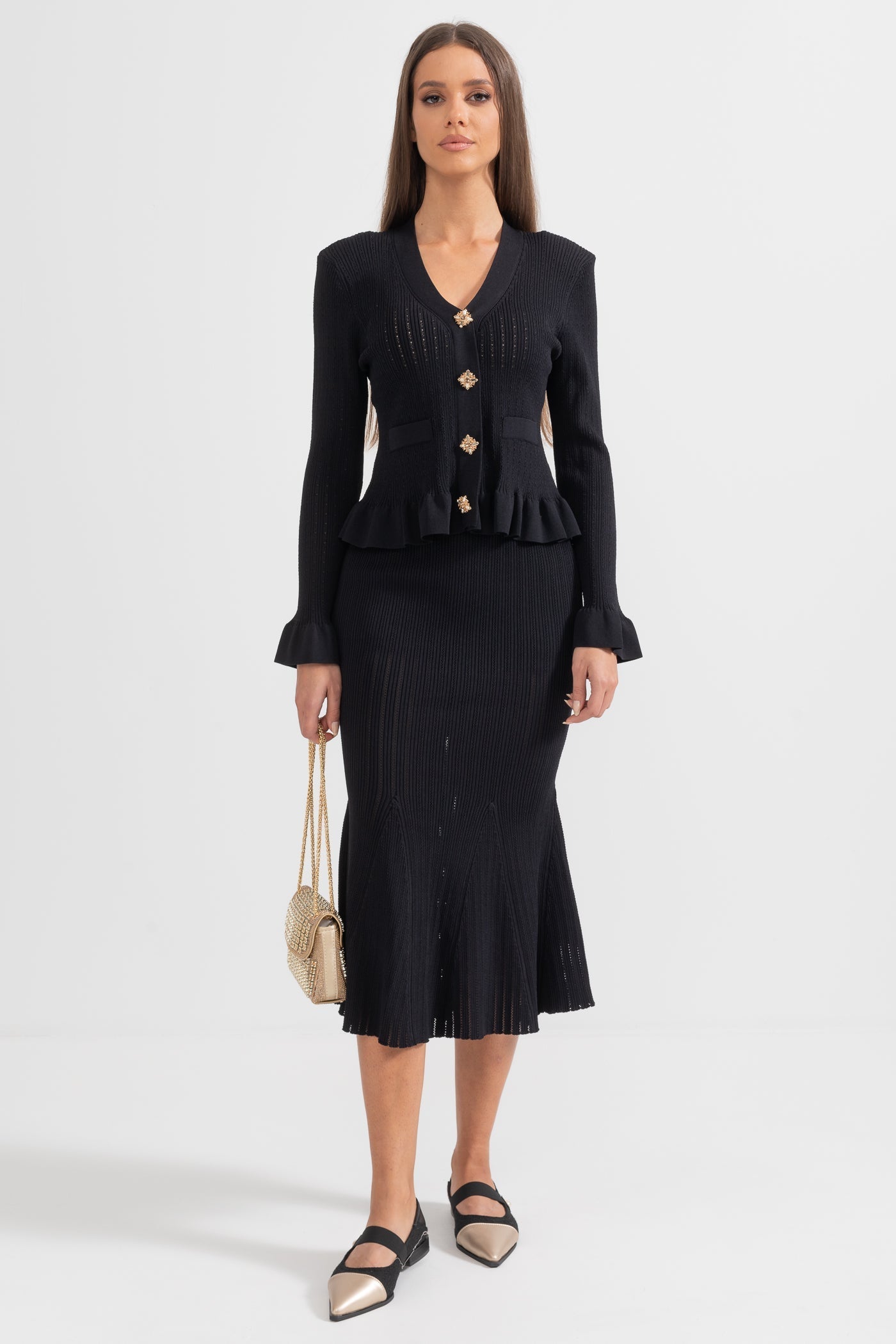 Siyah Fırfırlı Ceket & Volanlı Etek Triko Takım