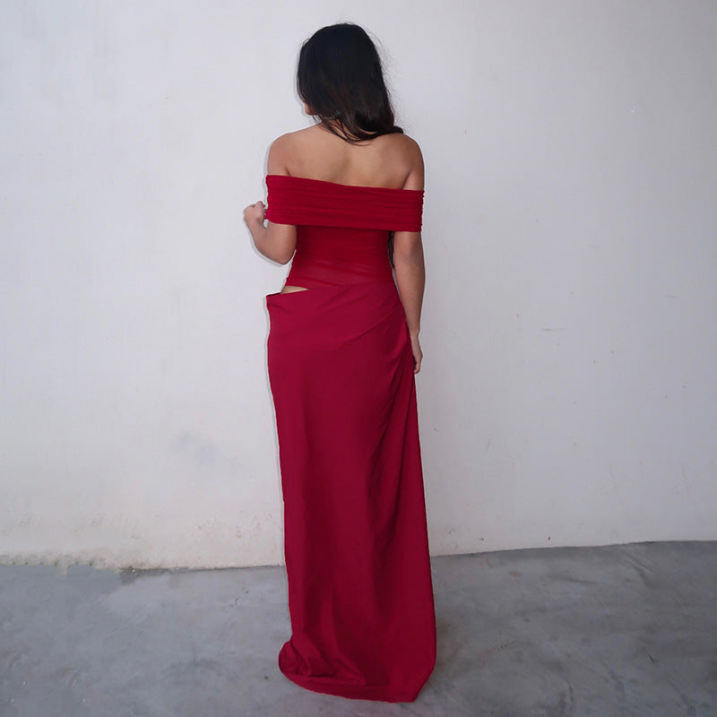 Maisy | Omuzları Açık Dalgıç File Uzun Elbise