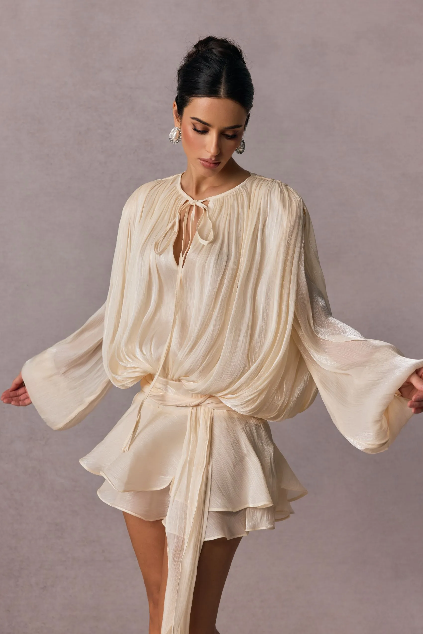 Beryl Pileli Volanlı Etek Mini Elbise