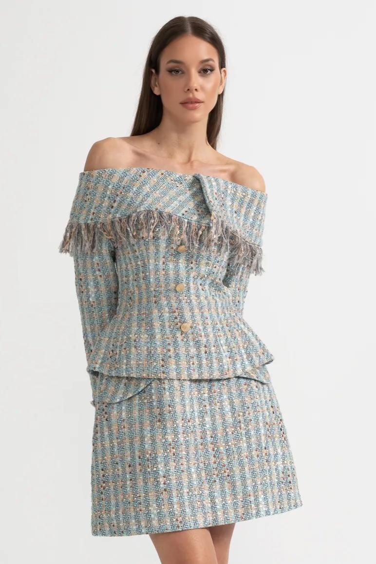 Mavi Kareli Tweed Takım