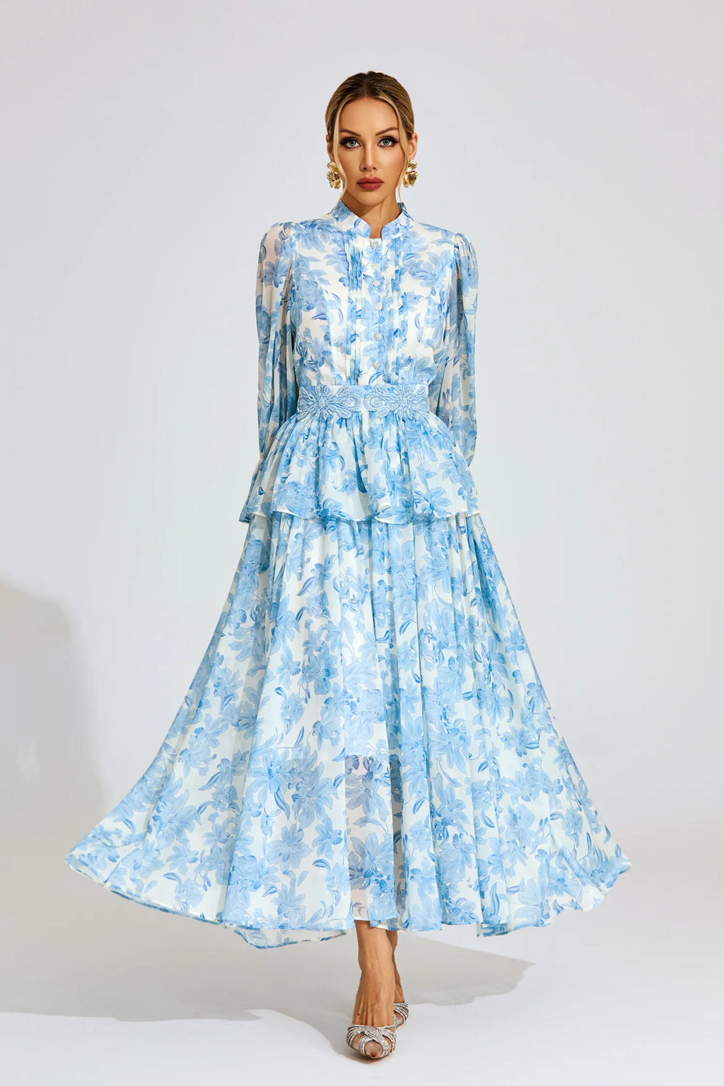 Mavi Çiçek Desenli  Maxi Elbise