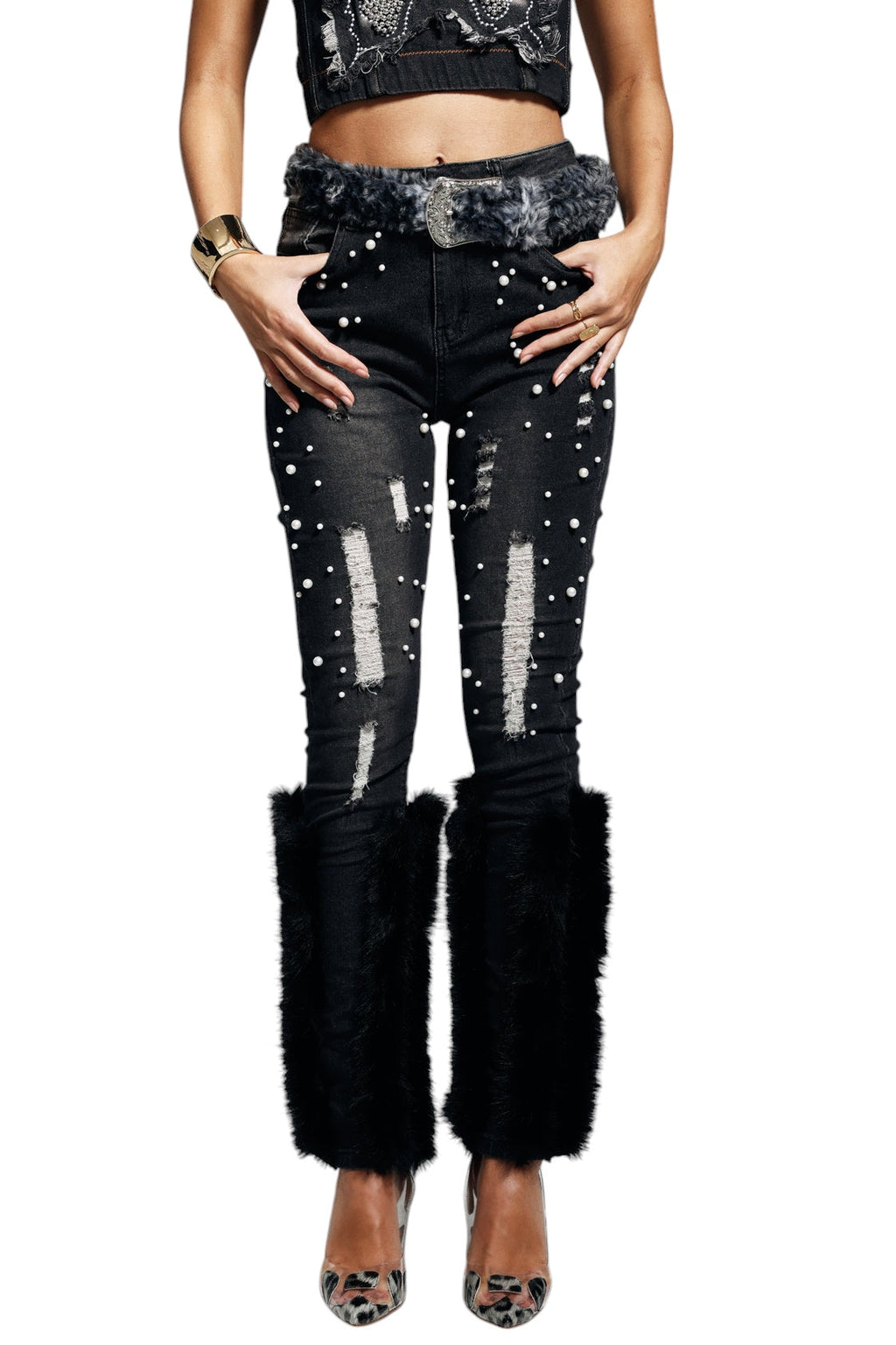 Kürk Detaylı Yırtık İnci İşlemeli Jean