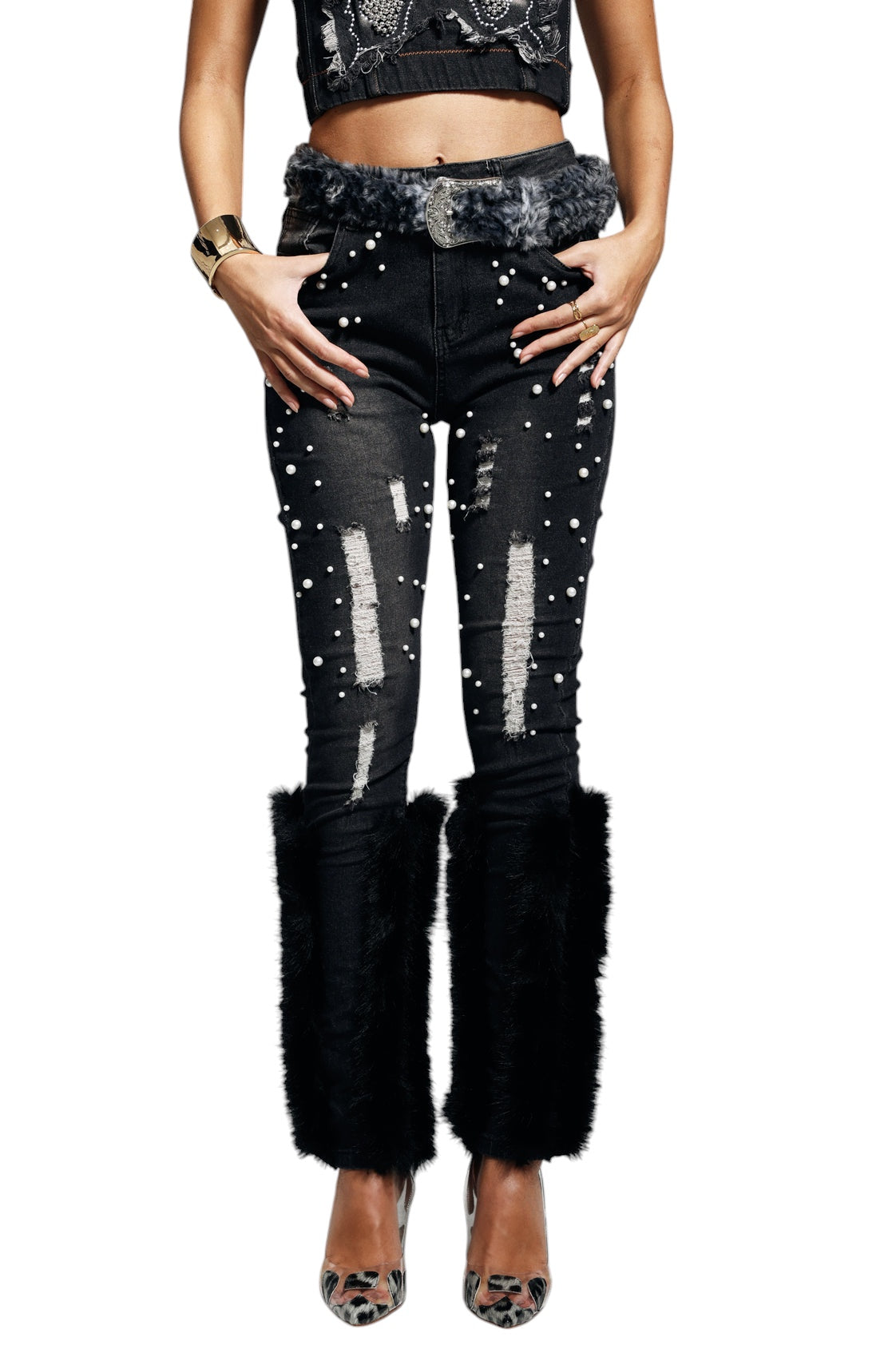 Kürk Detaylı Yırtık İnci İşlemeli Jean