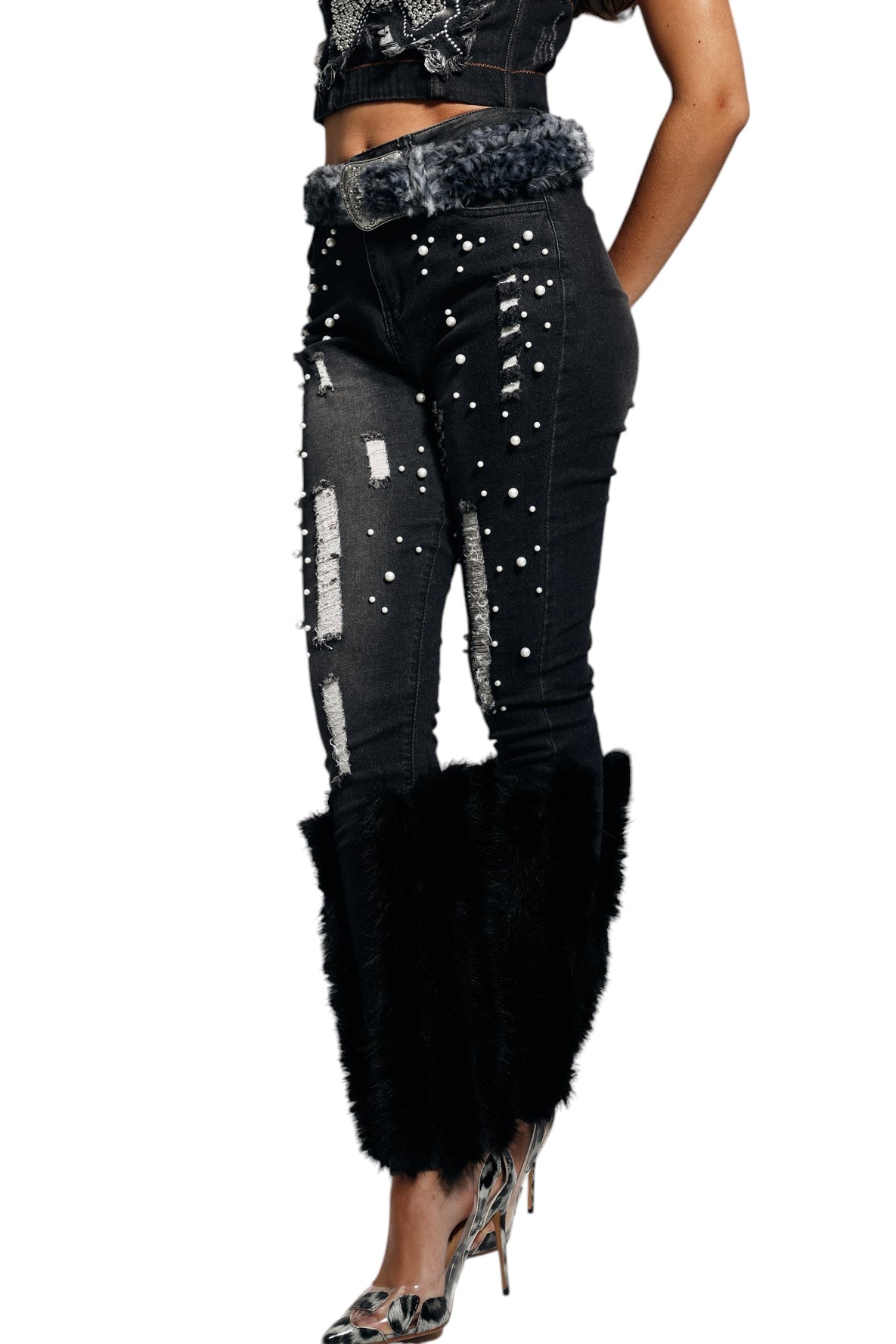 Kürk Detaylı Yırtık İnci İşlemeli Jean