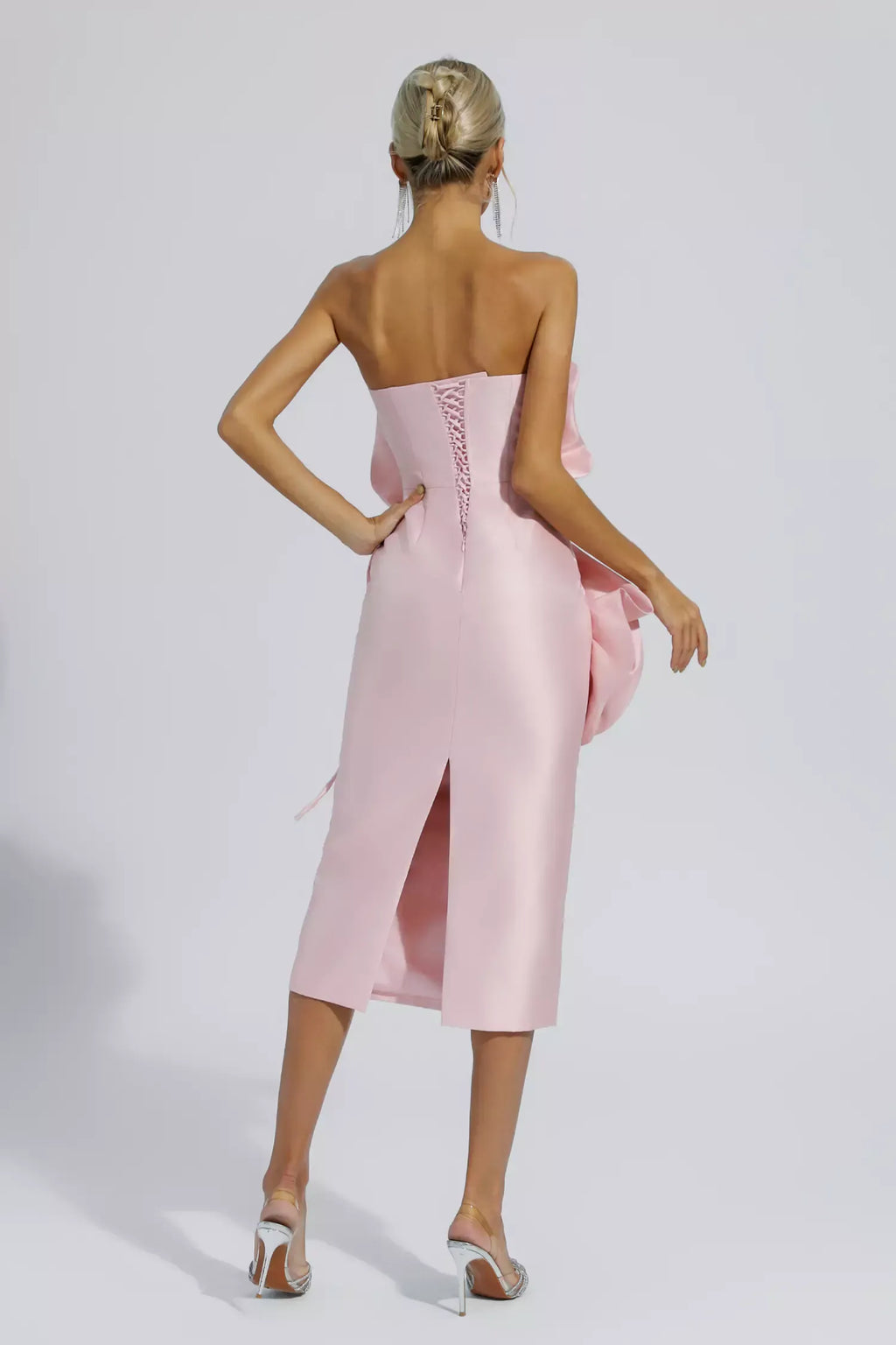 Haley Pembe Çiçekli Askısız Midi Abiye Elbise