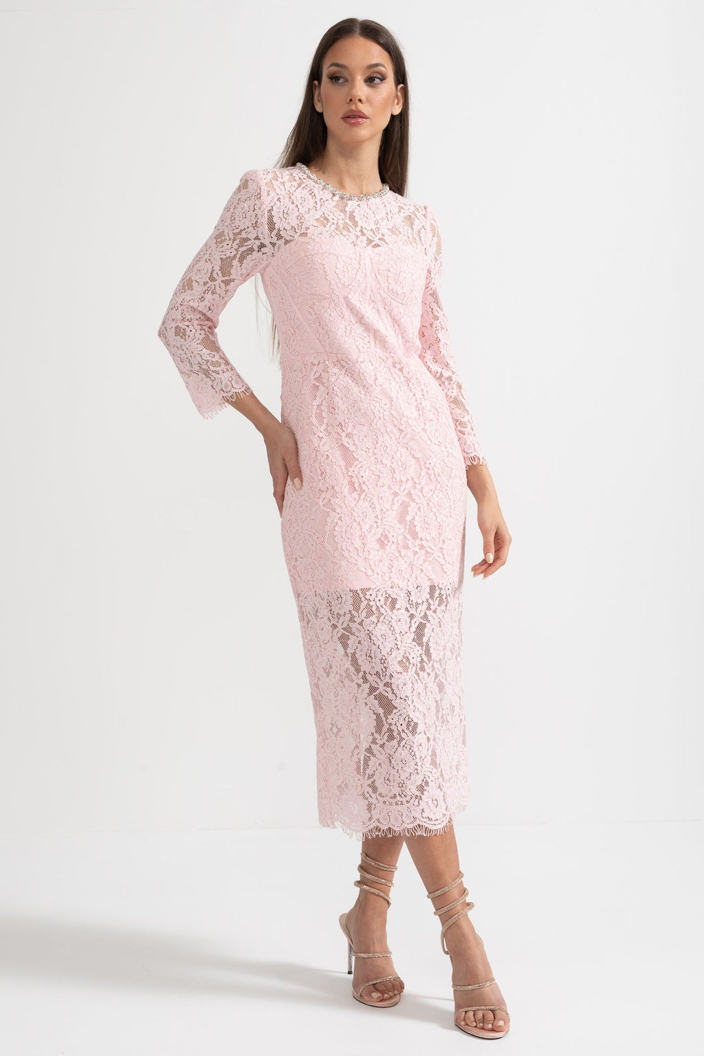 Eşleşen Bel Kemerli Zarif Uzun Kollu Dantel Elbise