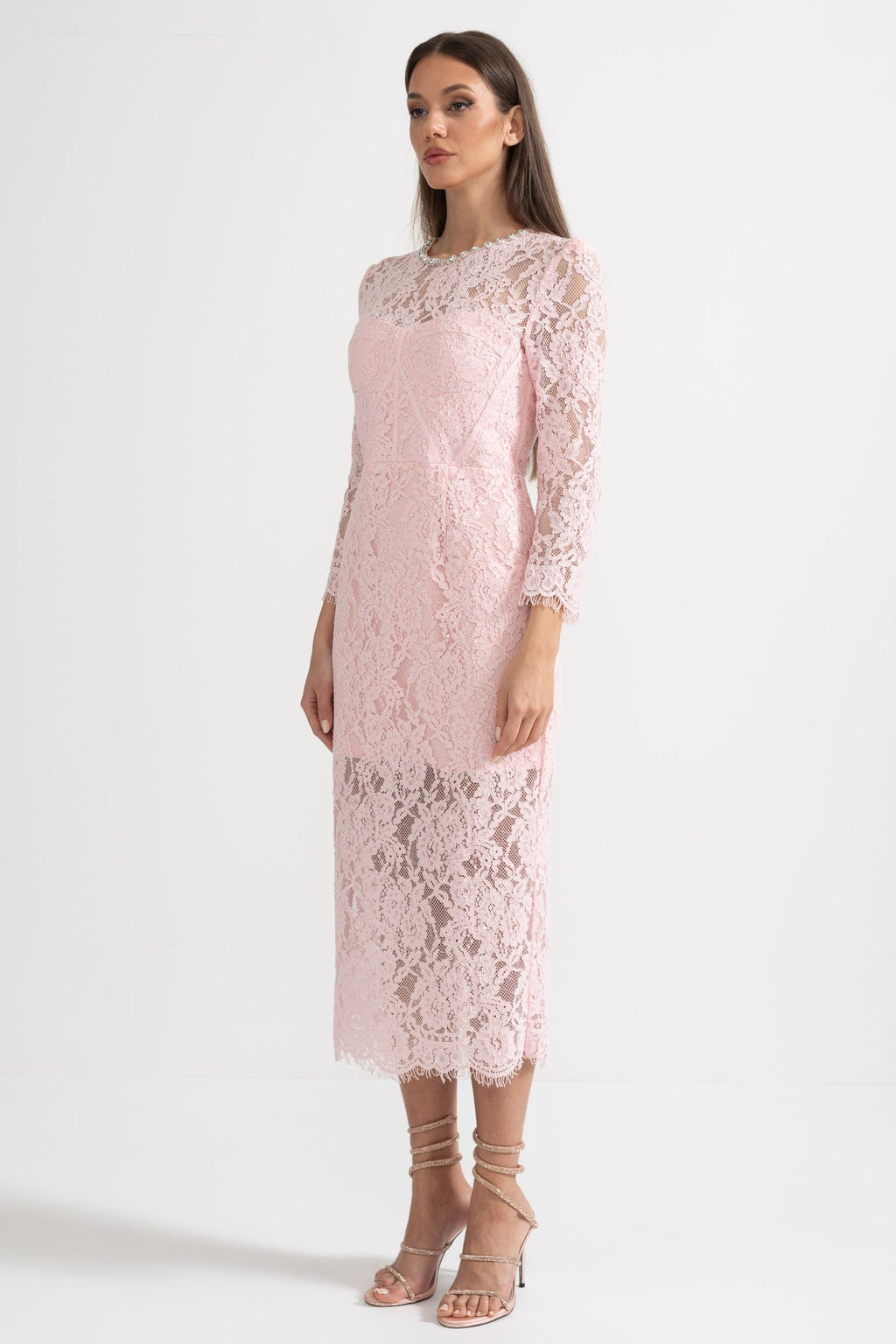Eşleşen Bel Kemerli Zarif Uzun Kollu Dantel Elbise