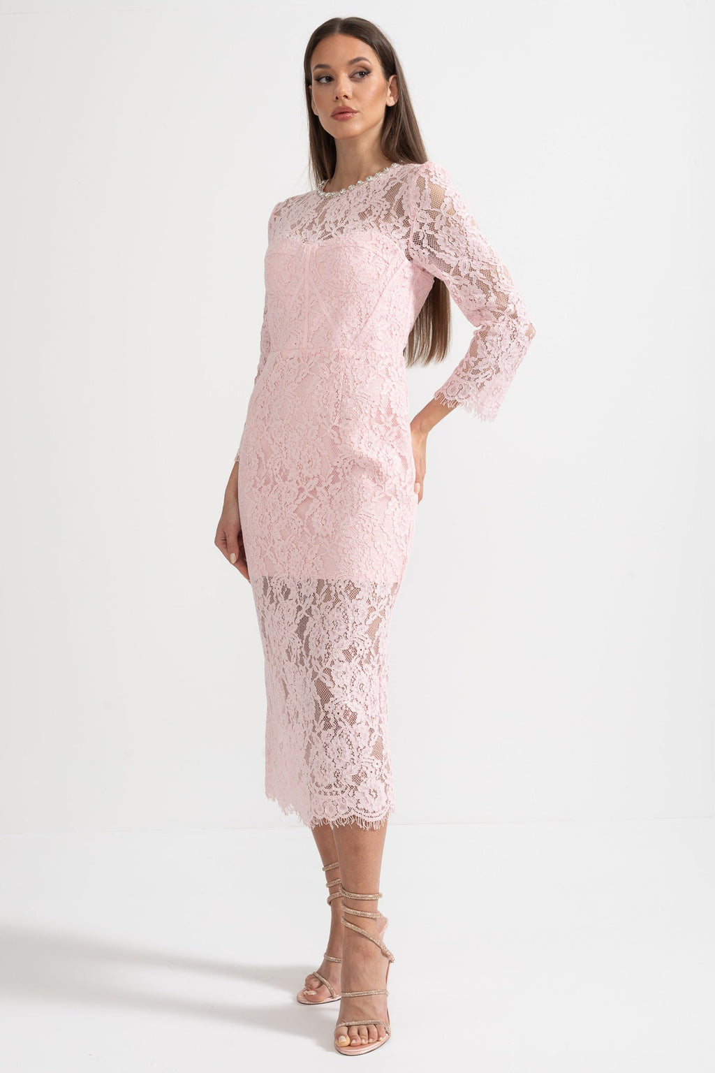 Pembe Uzun Kollu Dantel Elbise