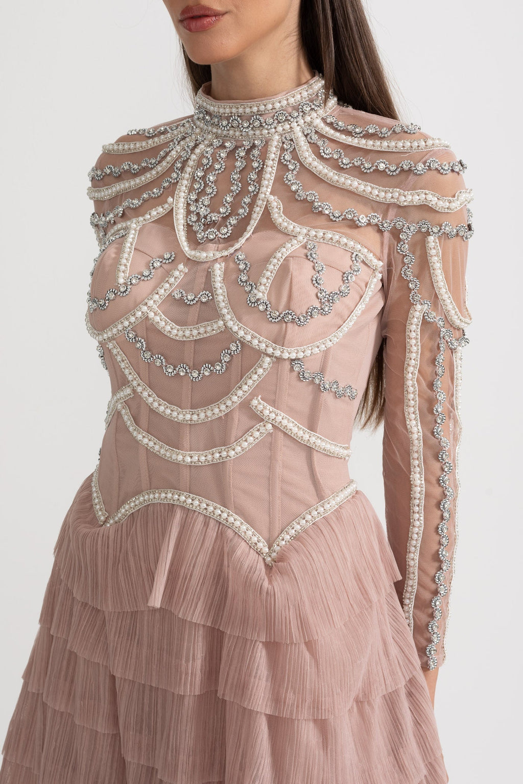 Uzun Kollu Fırfırlı Midi Elbise