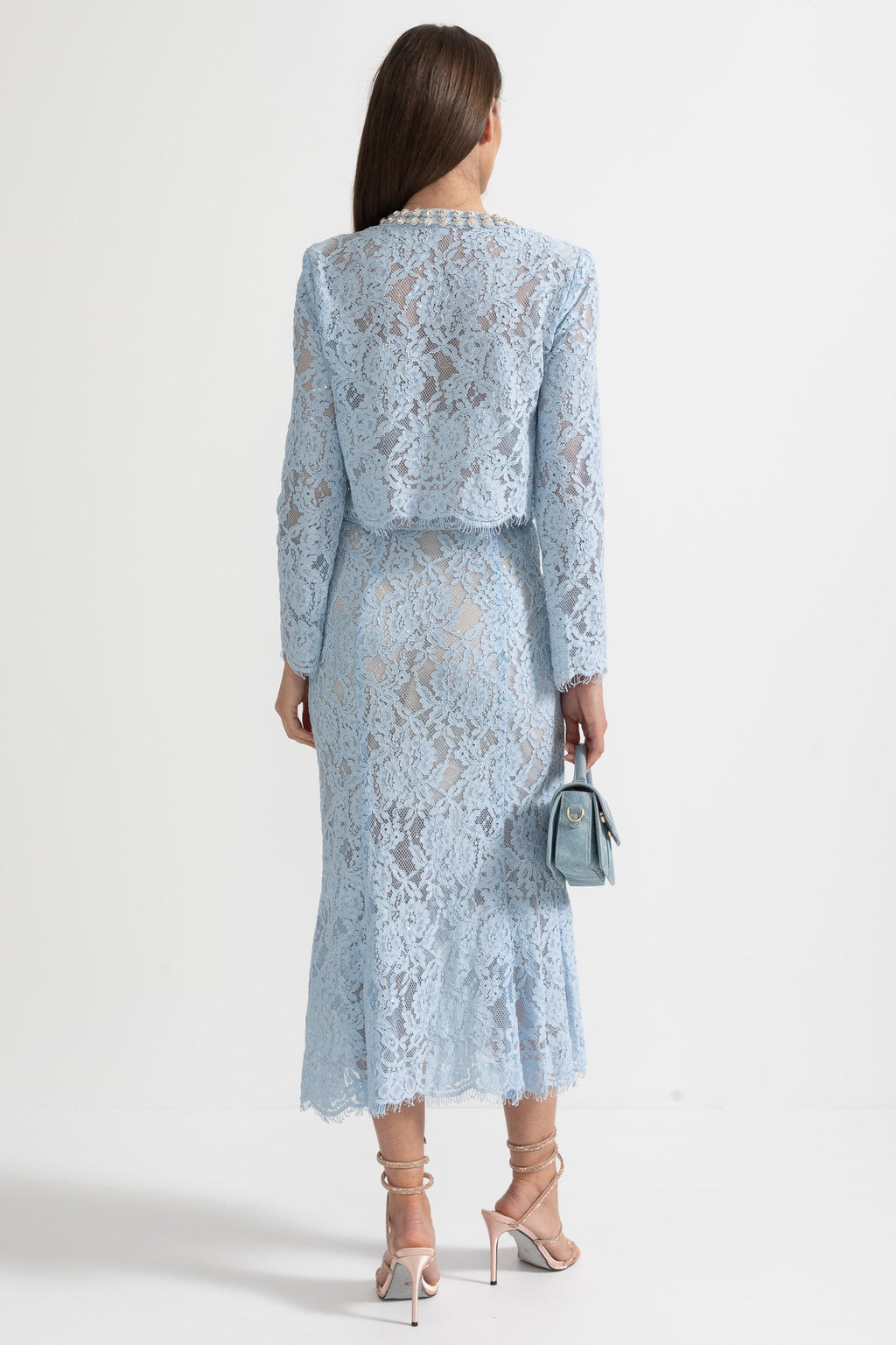 Işıltılı Yaka Süslemeli ve Midi Etekli Dantel Takımı