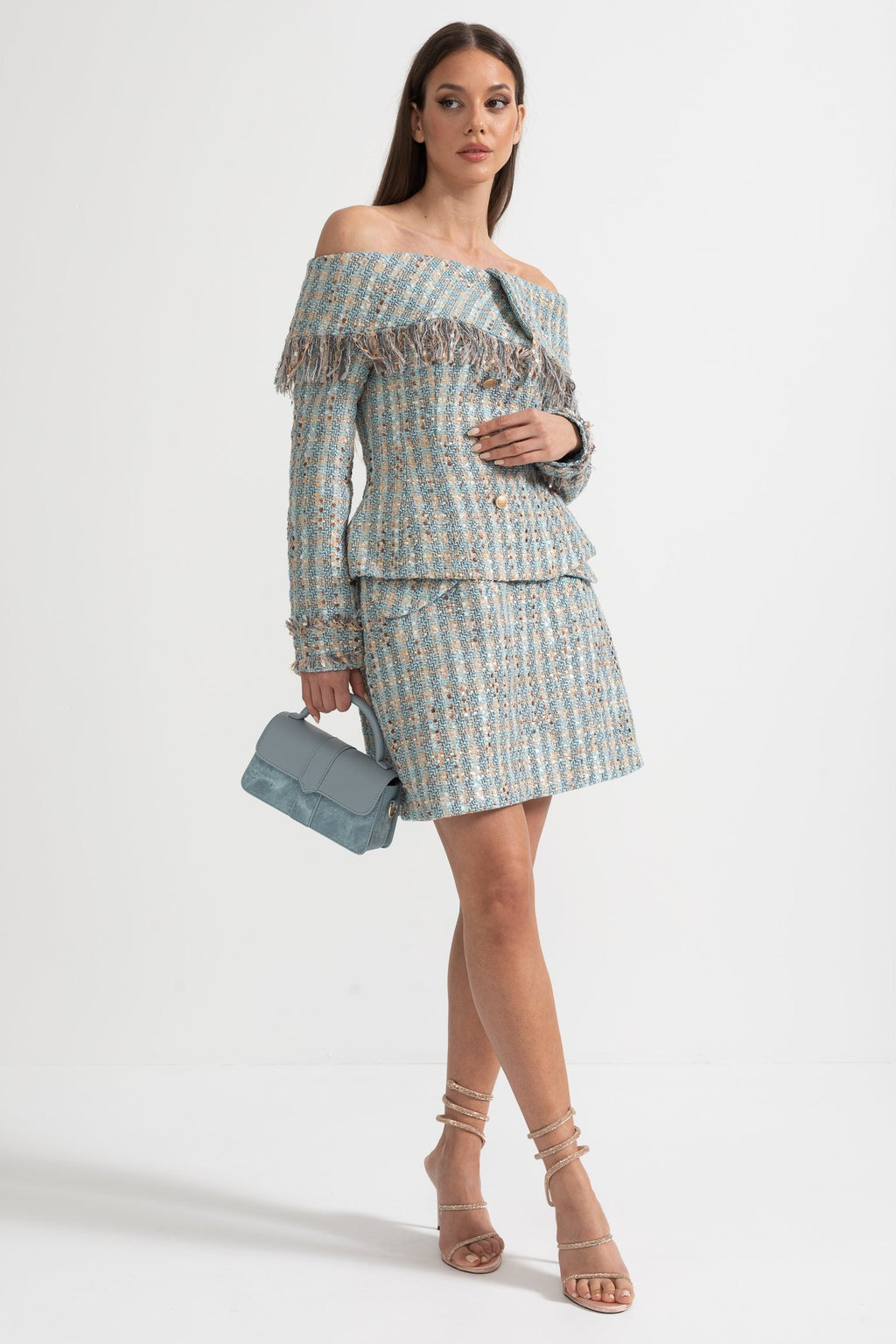 Mavi Kareli Tweed Takım