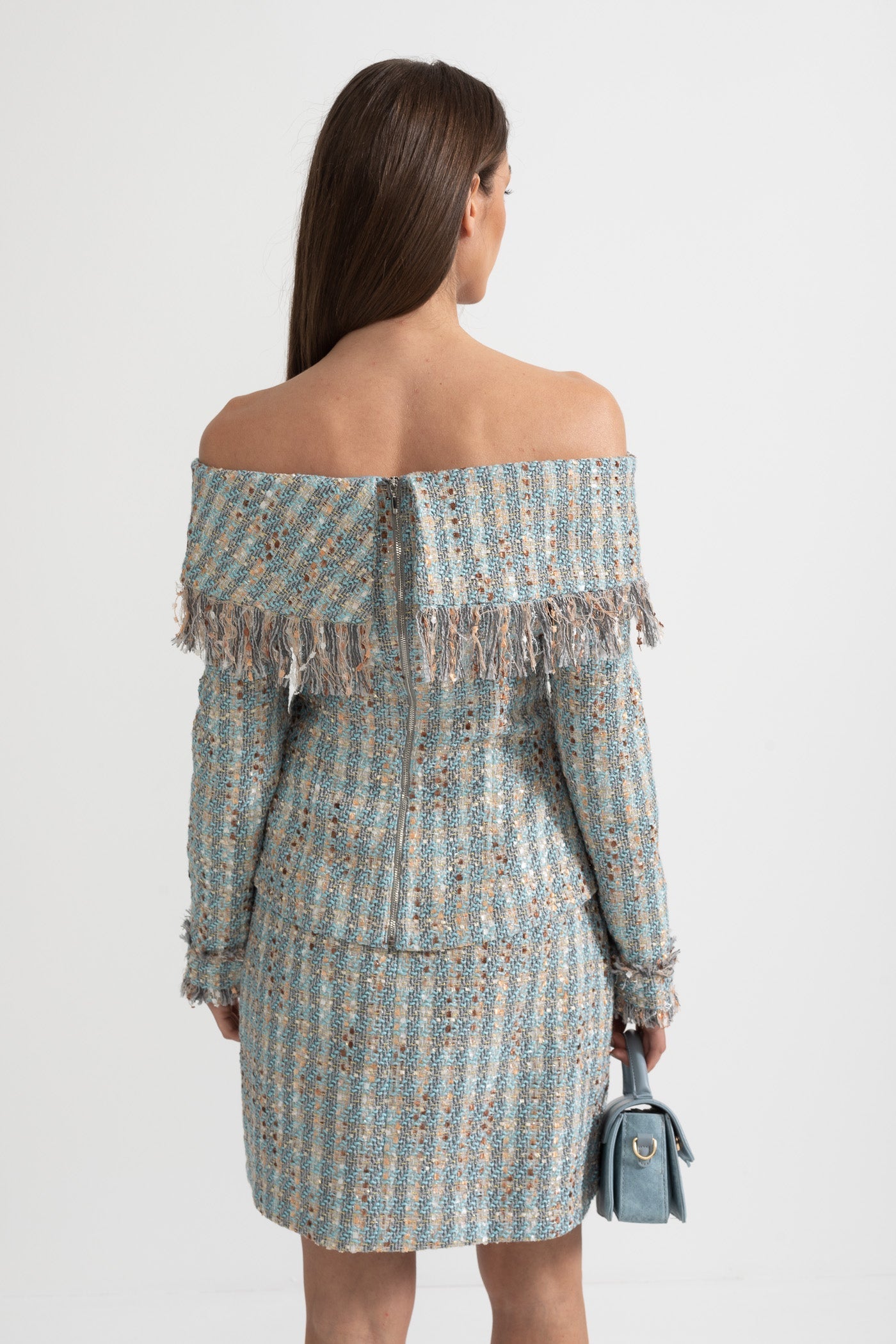 Mavi Kareli Tweed Takım