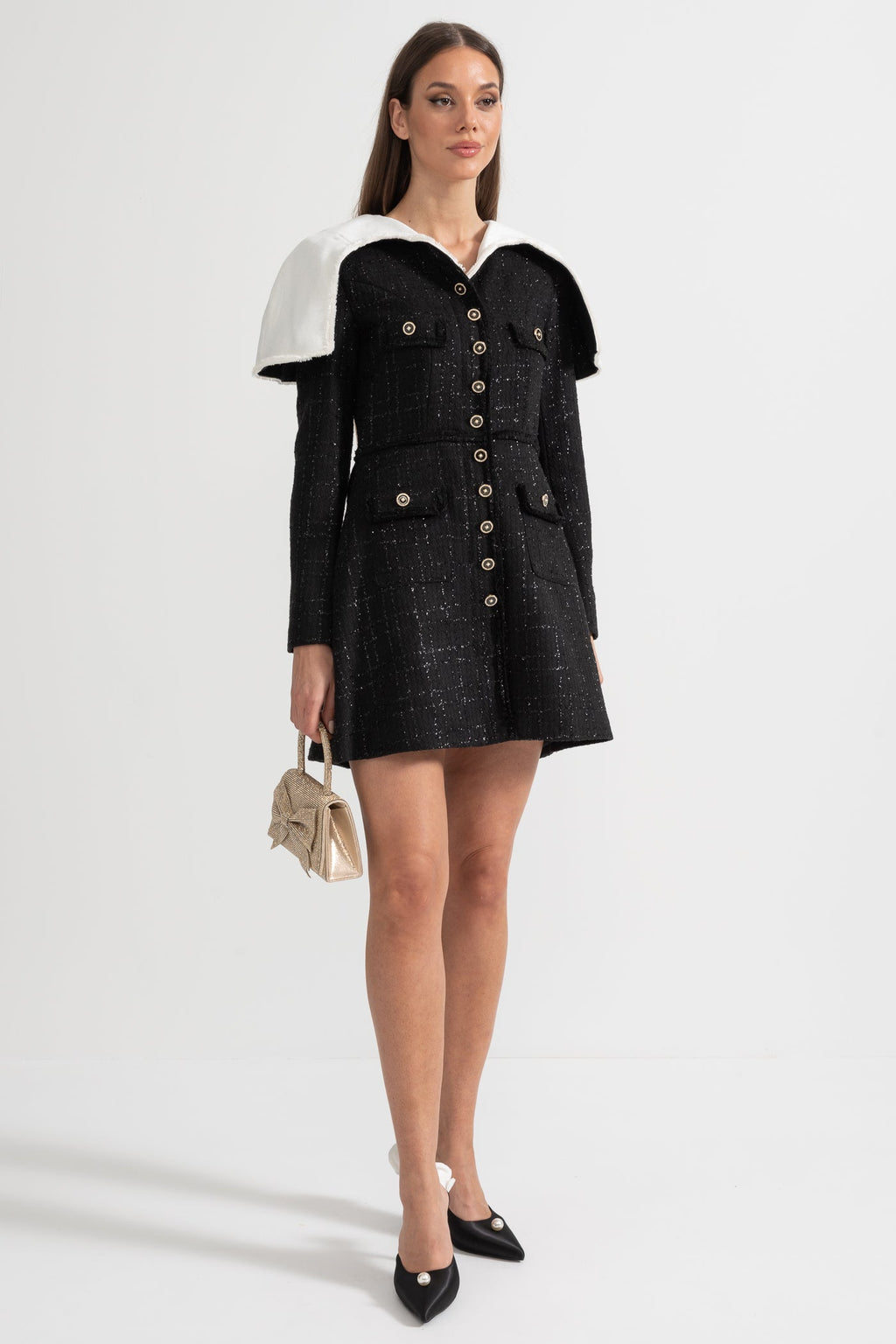 Siyah Dokulu Tweed Elbise – Belirgin Omuz Detaylı, Uzun Kollu