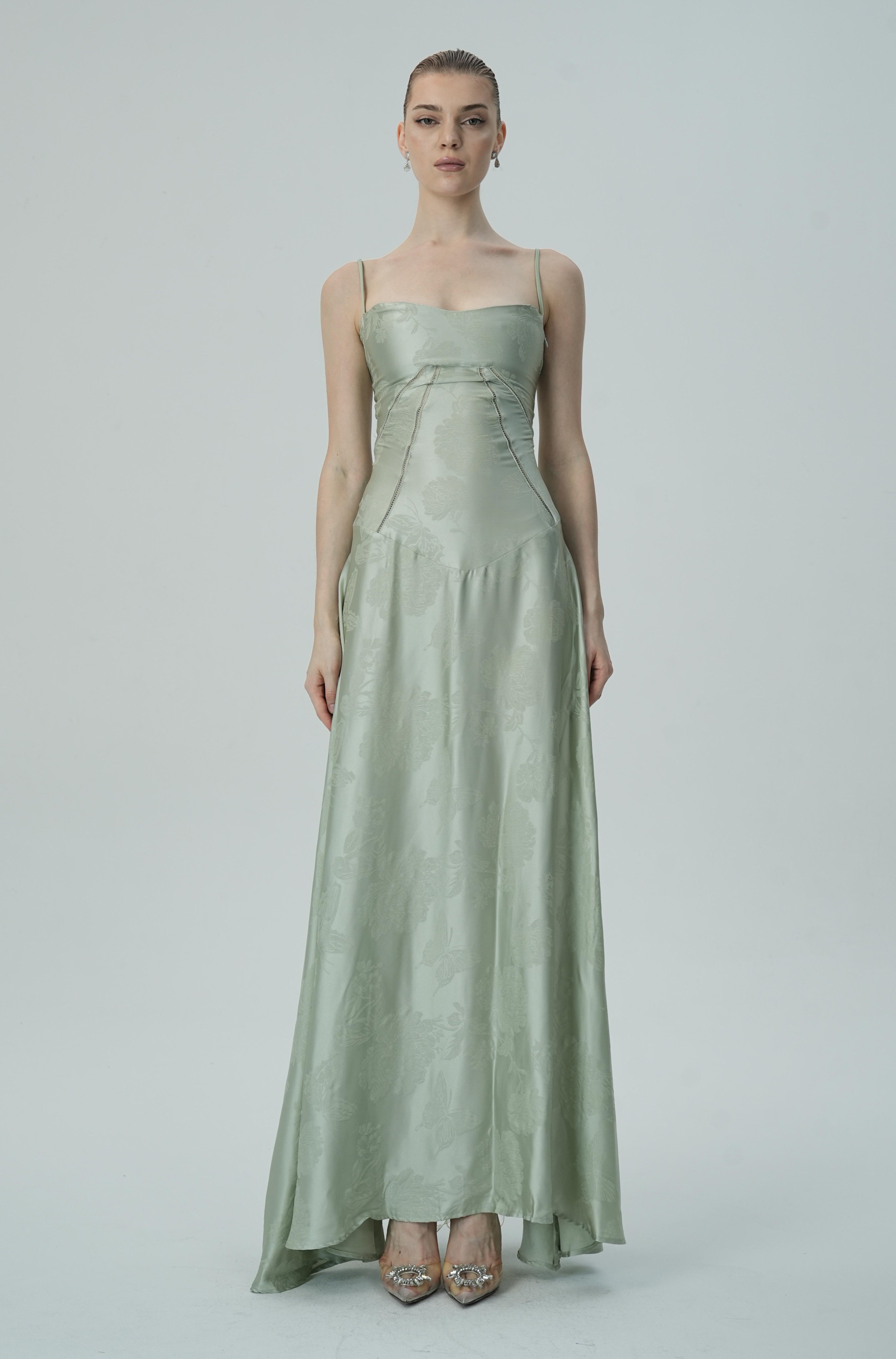 Lavanta Çiçekli Jakarlı Saten Maksi Elbise