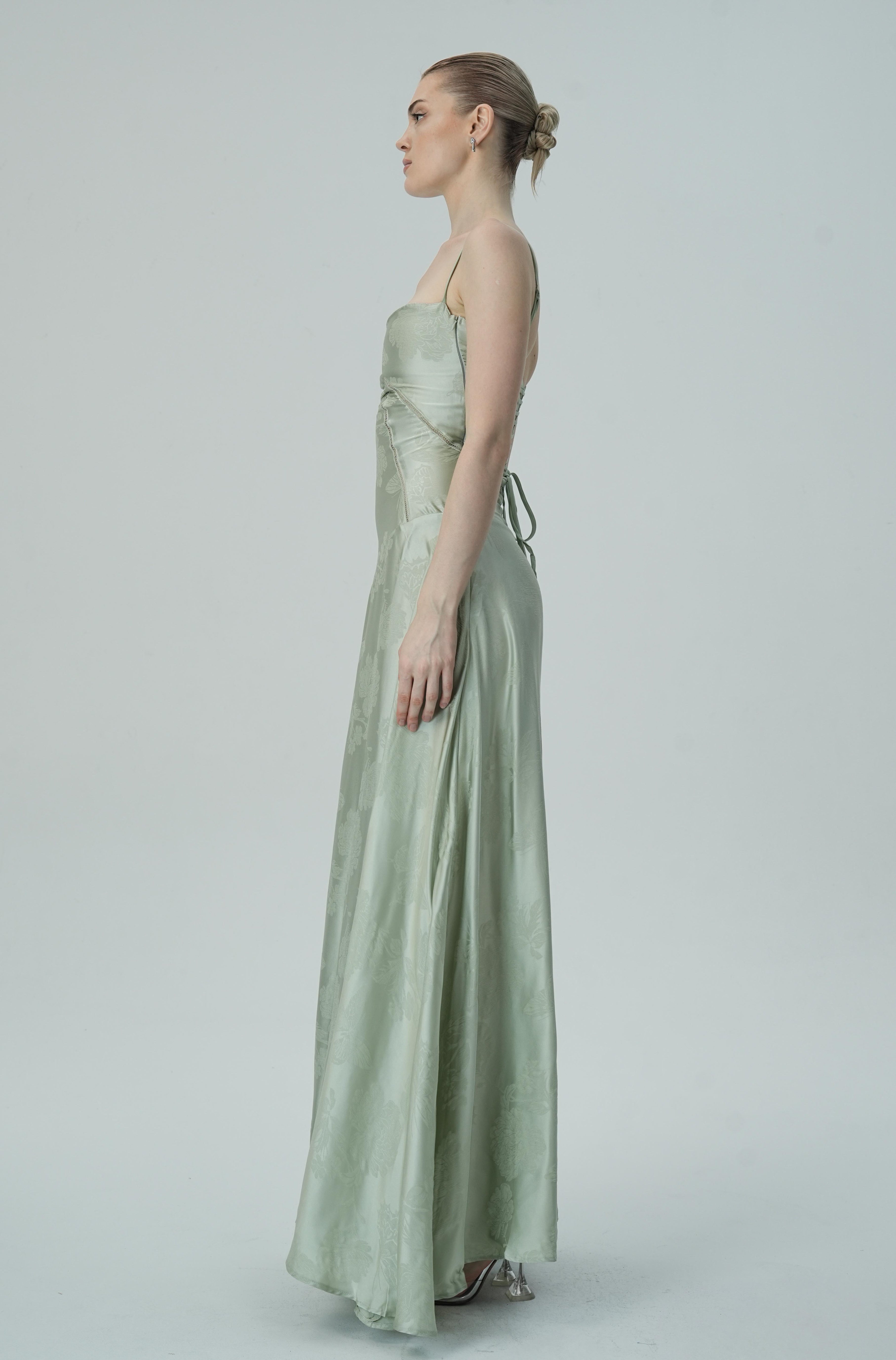 Lavanta Çiçekli Jakarlı Saten Maksi Elbise