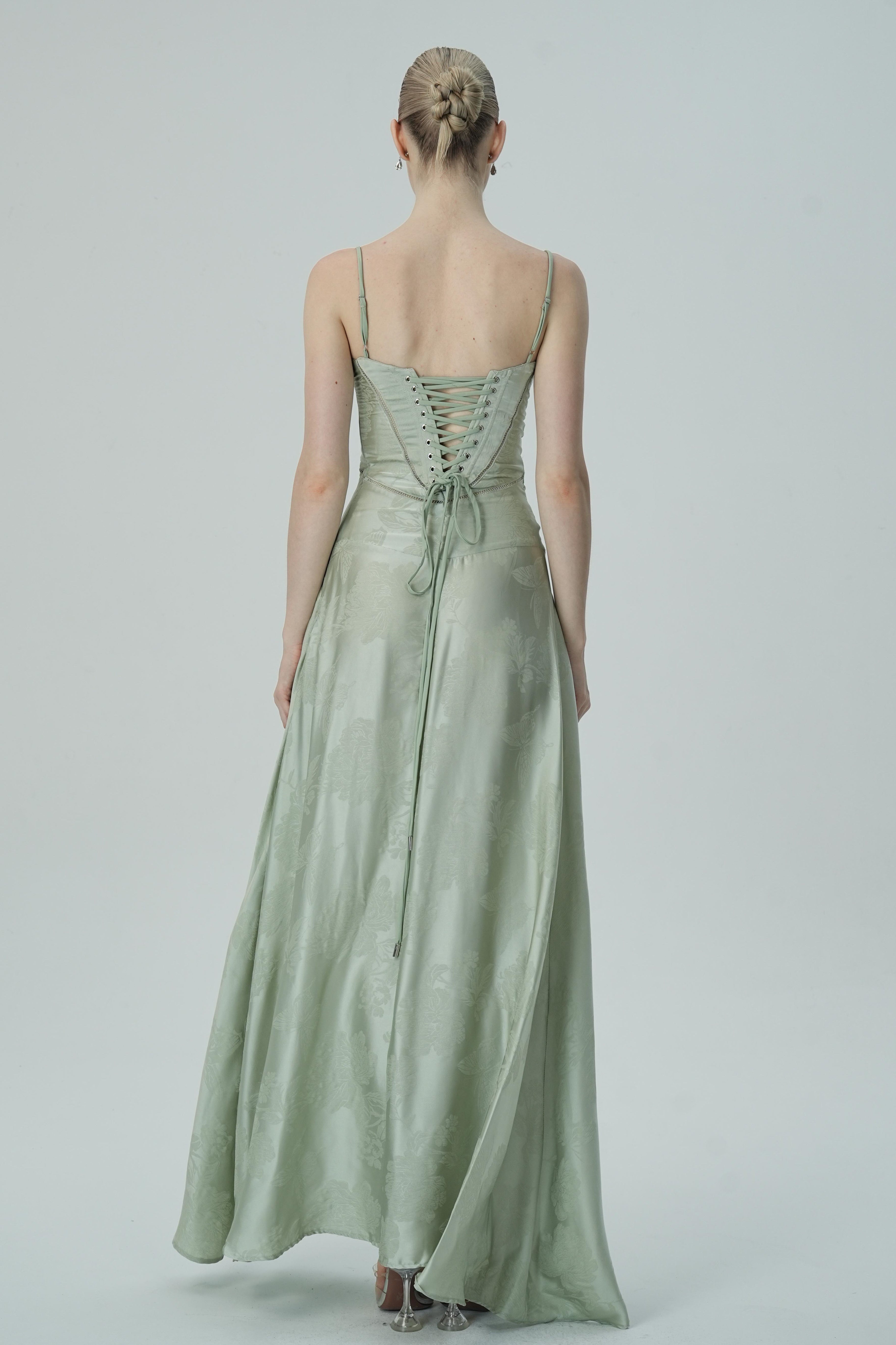 Lavanta Çiçekli Jakarlı Saten Maksi Elbise