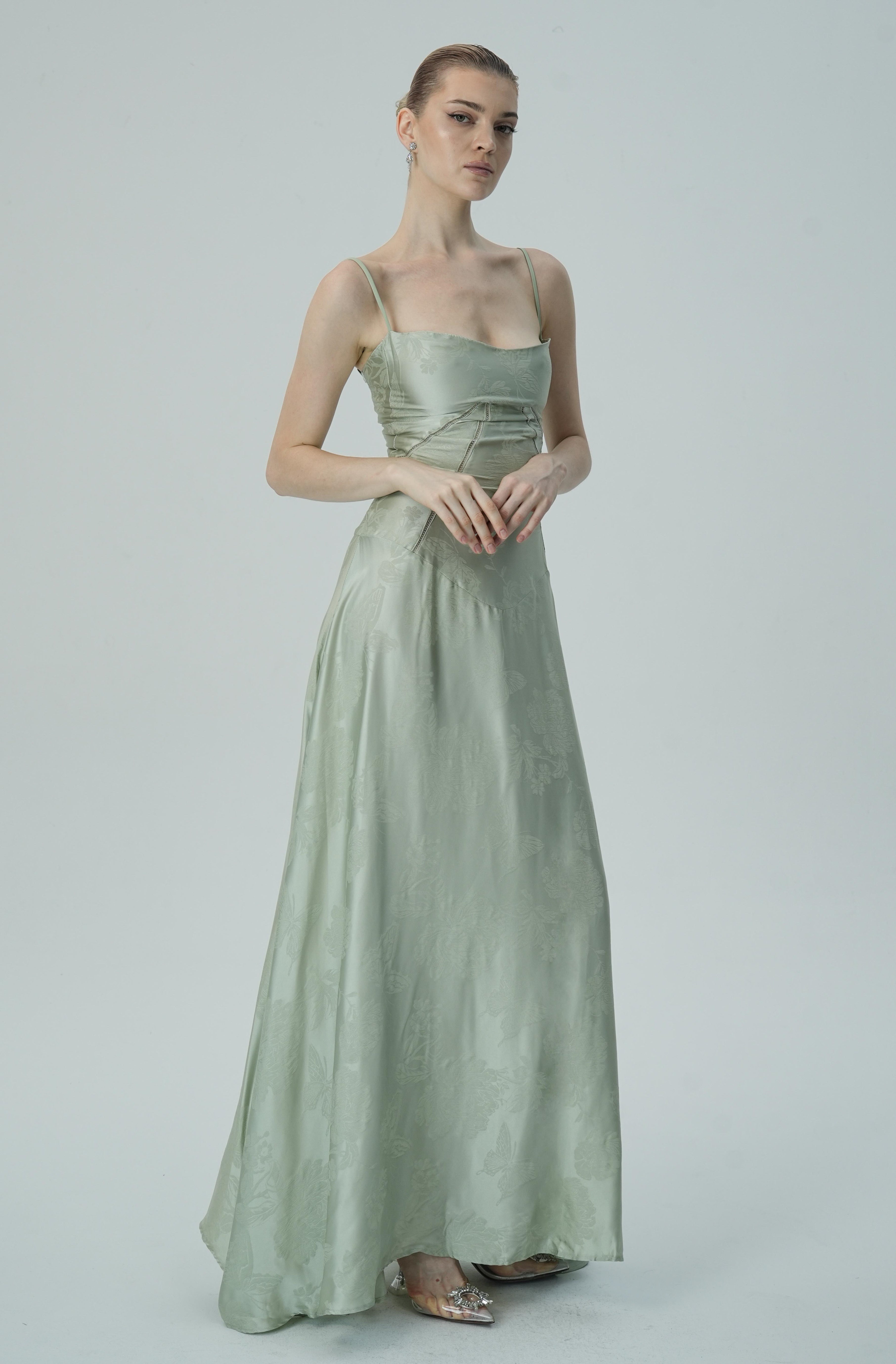 Lavanta Çiçekli Jakarlı Saten Maksi Elbise